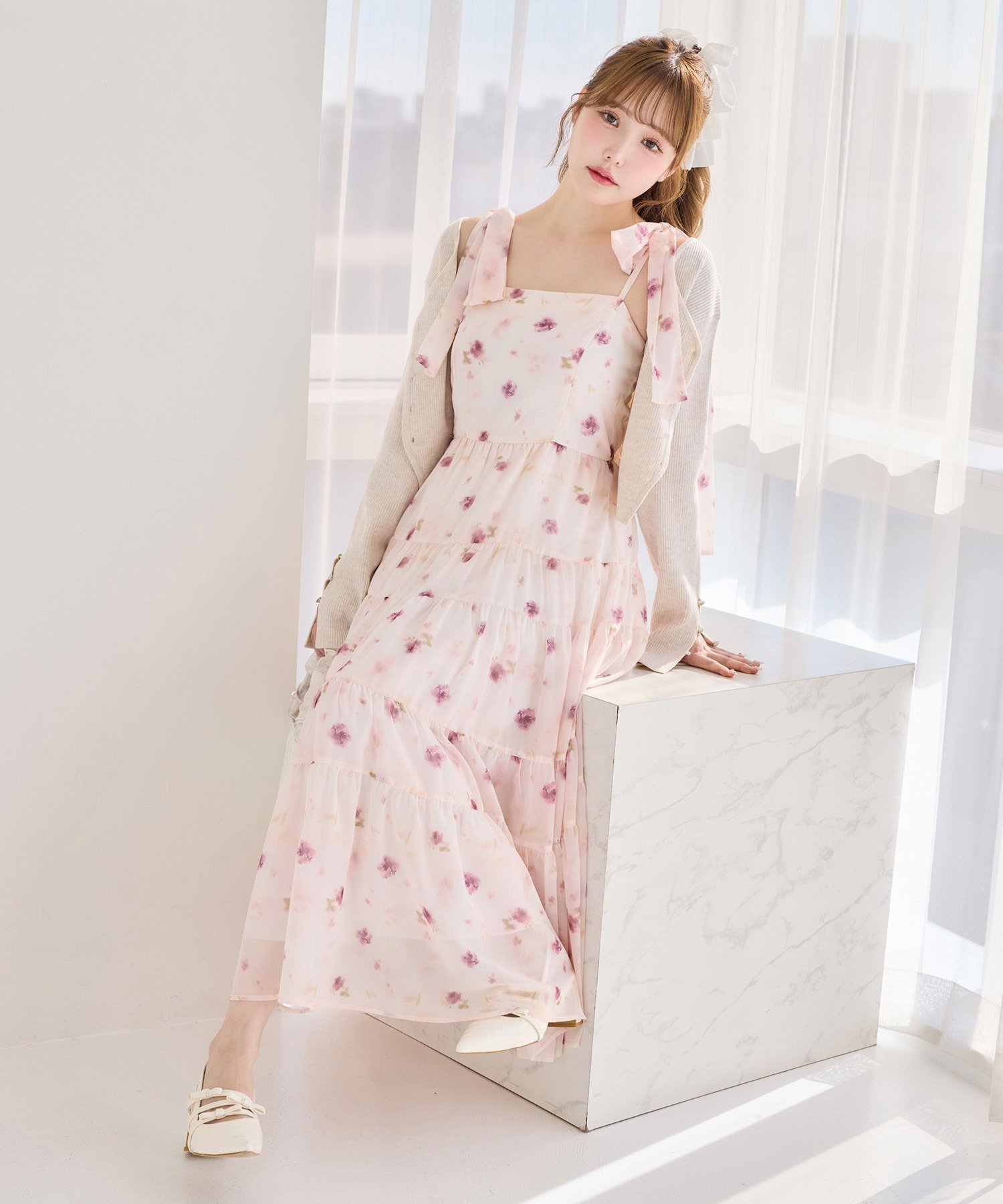 【ナイスクラップ/NICE CLAUP】の【肩リボン取り外し可能】カーディガンセット2枚セットワンピ インテリア・キッズ・メンズ・レディースファッション・服の通販 founy(ファニー) 　ファッション　Fashion　レディースファッション　Fashion for Women　ワンピース　Dresses　カーディガン　Cardigan, Knitwear　キャミワンピース　Cami Dress, Slip Dress　デニム　Denim, Jeans Material　ハイネック　High Neck, Mock Neck　フェミニン　Feminine, Girly　ラップ　Wrap, Wrap Design　リボン　Ribbon, Bow　おすすめ　Recommended / Our Picks　ピンク|ID: prp329100004836052 ipo3291000000035226148