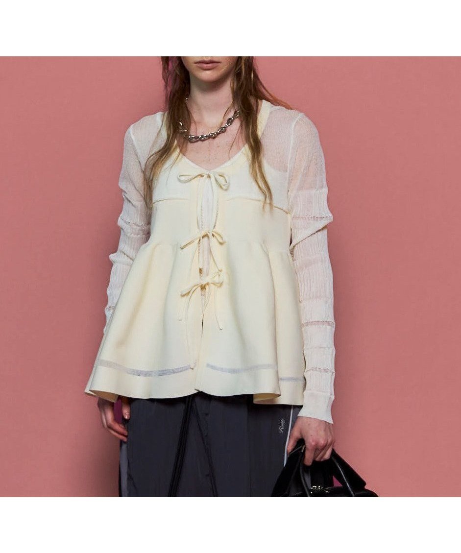 【メゾンスペシャル/MAISON SPECIAL】のSheer Peplum Cardigan インテリア・キッズ・メンズ・レディースファッション・服の通販 founy(ファニー) 　ファッション　Fashion　レディースファッション　Fashion for Women　トップス・カットソー　Cut & Sew Tops　カーディガン・羽織り　Layered Style Cardigans　キャミ　Camisole, Cami Top　シアー　Sheer, See-Through　タンク　Tank Top, Sleeveless Top　フレア　Flare, Flared　フロント　Front, Front Design　リボン　Ribbon, Bow　秋　Autumn　WHT|ID: prp329100004836053 ipo3291000000035226152