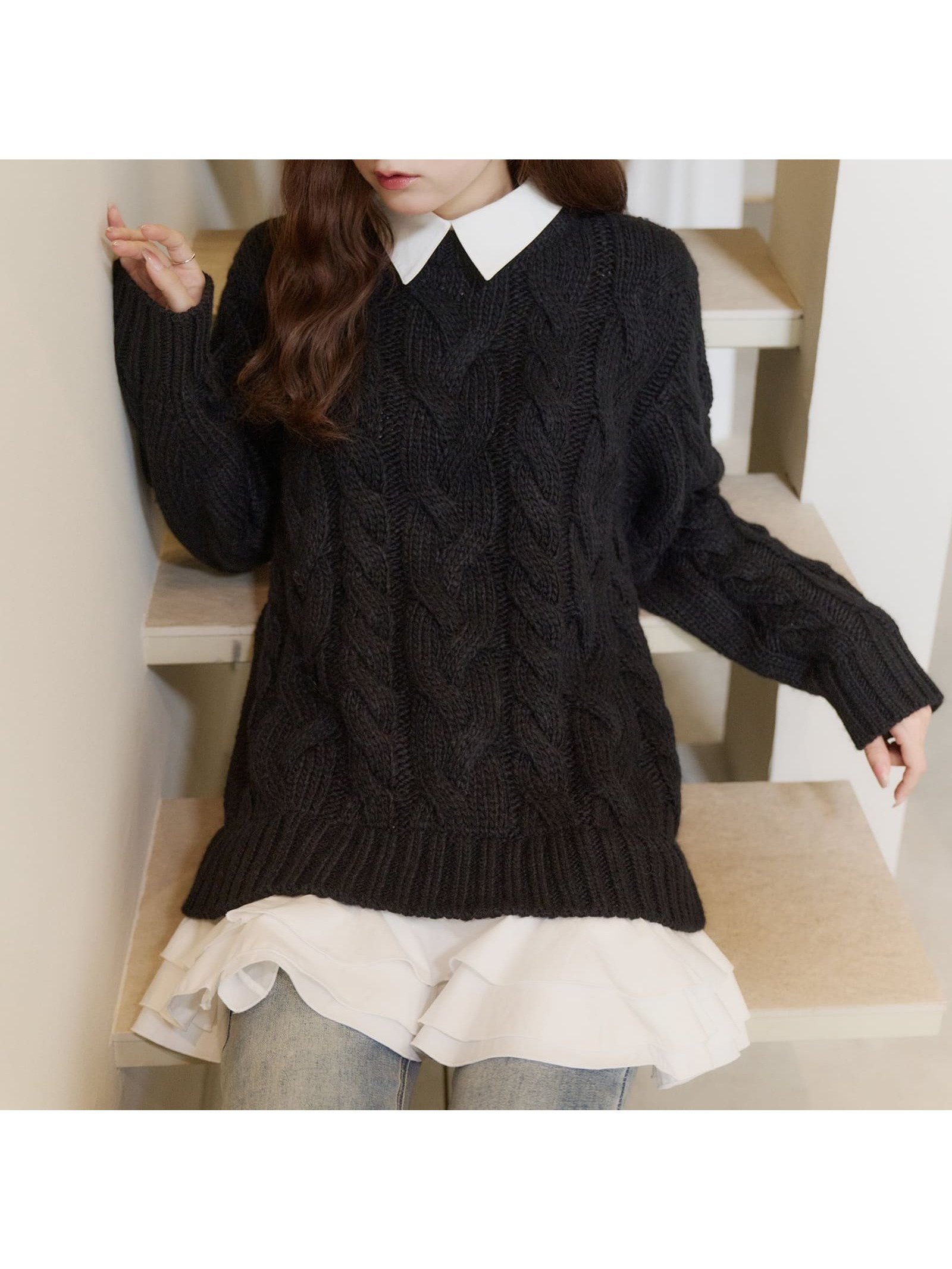 【オル/Olu】のフリルレイヤードケーブルニット インテリア・キッズ・メンズ・レディースファッション・服の通販 founy(ファニー) 　ファッション　Fashion　レディースファッション　Fashion for Women　トップス・カットソー　Cut & Sew Tops　ニット　Knit Tops & Sweaters　今季　This Season, Current Season　スウェット / スエット　Sweatshirt, Sweatwear　チュニック　Tunic, Long Top　トレンド　Trend, Trending Now　人気　Popular, Best Seller　バランス　Balance, Style Balance　フリル　Frill, Ruffle　ロング　Long, Long-Length　冬　Winter / This Winter　エレガント 上品　Elegant　black|ID: prp329100004836056 ipo3291000000035226165