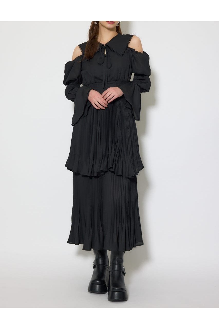 【リエンダ/rienda】のBIGカラープリーツフレアワンピース 人気、トレンドファッション・服の通販 founy(ファニー) 　ファッション　Fashion　レディースファッション　Fashion for Women　ワンピース　Dresses　インナー　Innerwear　エレガント 上品　Elegant　クラシカル　Classical, Vintage-Inspired　シャーリング　Shirring, Ruched　ショルダー　Shoulder, Shoulder Strap　トレンド　Trend, Trending Now　フレア　Flare, Flared　フロント　Front, Front Design　プリーツ　Pleats, Pleated　マキシ　Maxi, Full Length　リボン　Ribbon, Bow　レース　Lace, Lace Fabric　再入荷　Restock / Back in Stock　 other-1|ID: prp329100004836058 ipo3291000000035226184