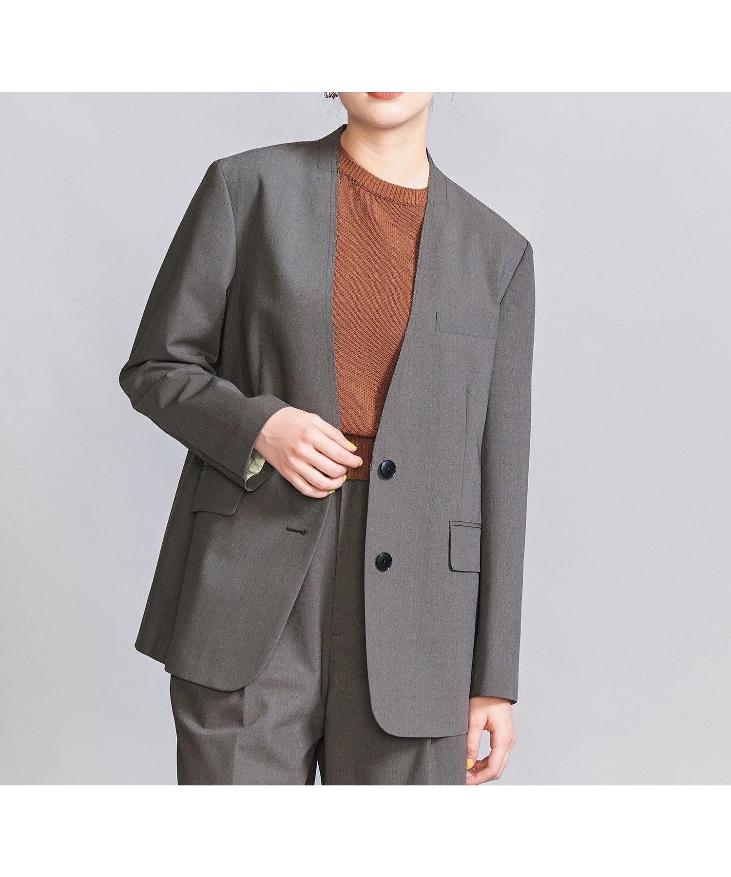 【ユナイテッドアローズ/UNITED ARROWS】のカットオフ カラーレス ジャケット インテリア・キッズ・メンズ・レディースファッション・服の通販 founy(ファニー) 　ファッション　Fashion　レディースファッション　Fashion for Women　アウター　Coat / Outerwear Collection　レディースジャケット・軽アウター　Jackets　インナー　Innerwear　カットオフ　Cut-Off Design　キャミソール　Camisole, Spaghetti Strap Top　サスペンダー　Suspenders, Braces　ショート　Short, Short Length　シンプル　Simple, Minimal　ジャケット　Jacket, Outerwear　セットアップ　Set-Up, Coordinated Outfit　チェック　Check, Plaid, Tartan　トレンド　Trend, Trending Now　フェミニン　Feminine, Girly　ベスト　Vest, Waistcoat　レース　Lace, Lace Fabric　アウトレット　Outlet / Clearance　おすすめ　Recommended / Our Picks　DK.GRAY|ID: prp329100004836069 ipo3291000000035226267