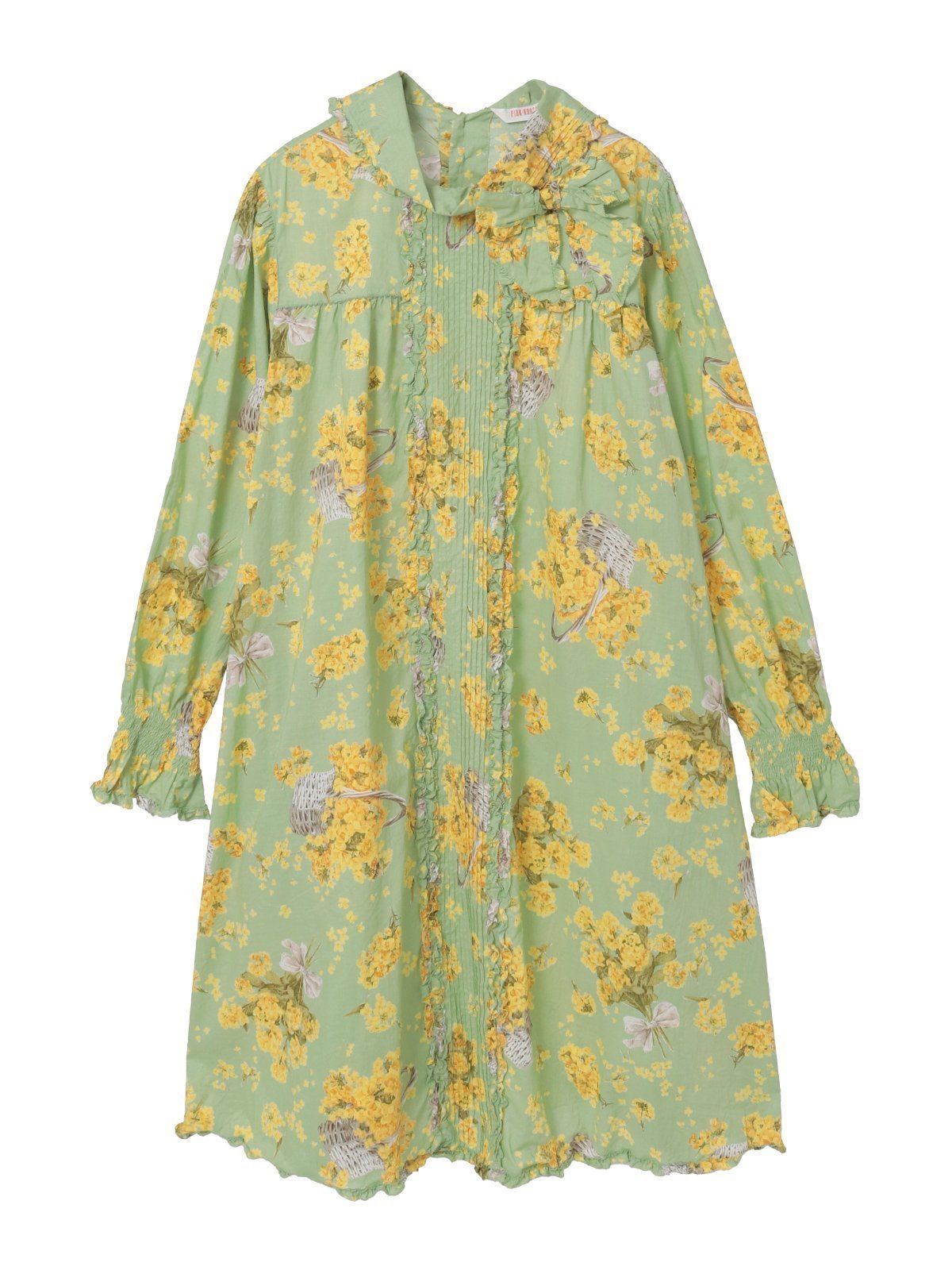 【ピンクハウス/PINK HOUSE】のなのはなプリントチュニックブラウス インテリア・キッズ・メンズ・レディースファッション・服の通販 founy(ファニー) 　ファッション　Fashion　レディースファッション　Fashion for Women　トップス・カットソー　Cut & Sew Tops　シャツ・ブラウス・オフィスカジュアル　Elegant Blouses & Button-Ups　チュニック　Tunic, Long Top　フェミニン　Feminine, Girly　フリル　Frill, Ruffle　フレンチ　French, French Style　フロント　Front, Front Design　ブローチ　Brooch, Pin Brooch　プリント　Print, Printed Pattern　リボン　Ribbon, Bow　ロマンティック　Romantic, Feminine Style　ワンポイント　One Point, Statement Accent　春　Spring　ミントグリーン|ID: prp329100004836129 ipo3291000000035226875