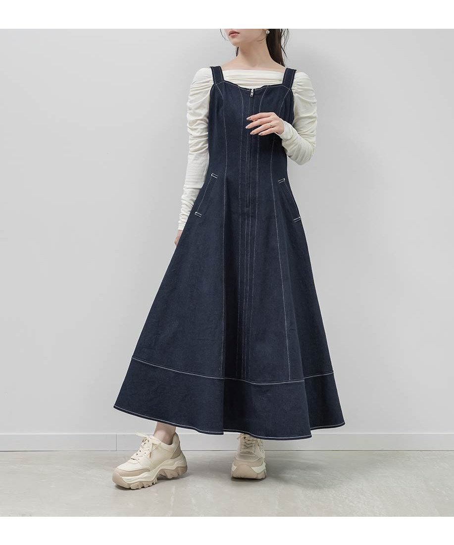 【ランダ/RANDA】のデニムフレアワンピース インテリア・キッズ・メンズ・レディースファッション・服の通販 founy(ファニー) 　ファッション　Fashion　レディースファッション　Fashion for Women　ワンピース　Dresses　カーディガン　Cardigan, Knitwear　シャーリング　Shirring, Ruched　シルバー　Silver, Metallic Silver　デニム　Denim, Jeans Material　フィット　Fit, Slim Fit　フェミニン　Feminine, Girly　フロント　Front, Front Design　ポケット　Pocket, Pocket Detail　おすすめ　Recommended / Our Picks　エレガント 上品　Elegant　INDIGO|ID: prp329100004836133 ipo3291000000035226904