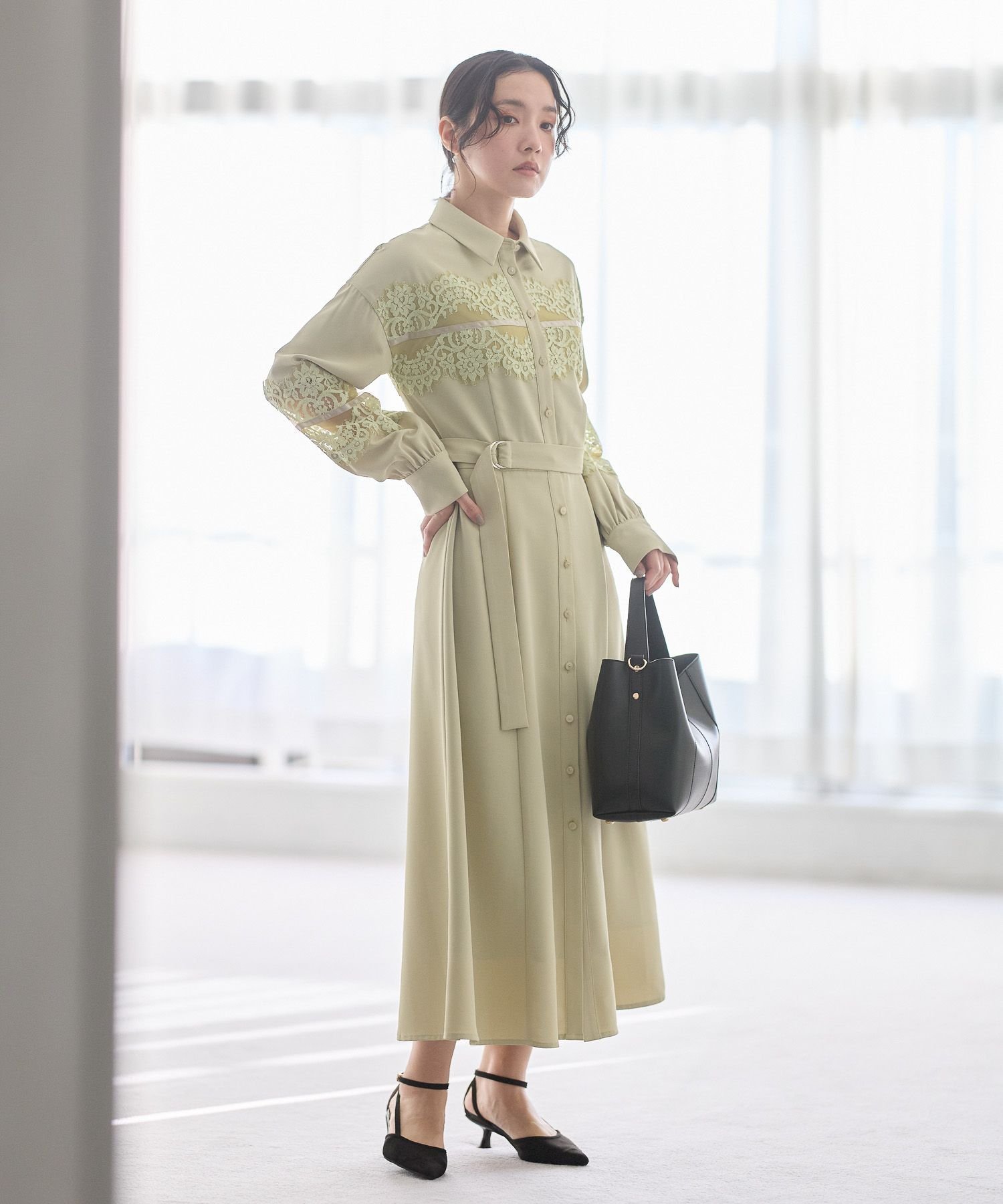 【アンデミュウ/Andemiu】のソデレースキリカエワンピース インテリア・キッズ・メンズ・レディースファッション・服の通販 founy(ファニー) 　ファッション　Fashion　レディースファッション　Fashion for Women　ワンピース　Dresses　フィット　Fit, Slim Fit　フレア　Flare, Flared　レース　Lace, Lace Fabric　ライトグリーン|ID: prp329100004836161 ipo3291000000035227029