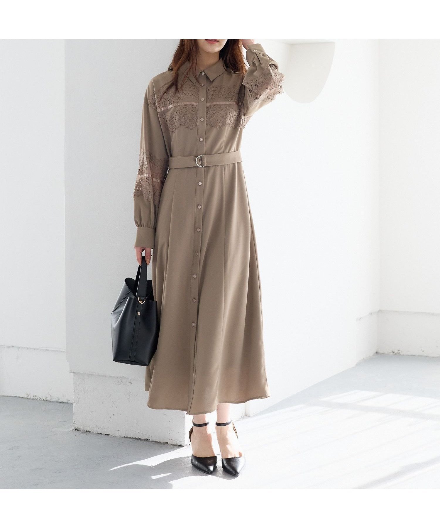 【アンデミュウ/Andemiu】のソデレースキリカエワンピース インテリア・キッズ・メンズ・レディースファッション・服の通販 founy(ファニー) 　ファッション　Fashion　レディースファッション　Fashion for Women　ワンピース　Dresses　フィット　Fit, Slim Fit　フレア　Flare, Flared　レース　Lace, Lace Fabric　ブラウン|ID: prp329100004836161 ipo3291000000035227033