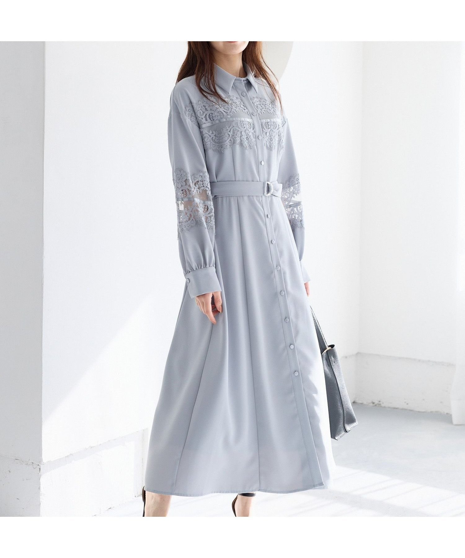 【アンデミュウ/Andemiu】のソデレースキリカエワンピース インテリア・キッズ・メンズ・レディースファッション・服の通販 founy(ファニー) 　ファッション　Fashion　レディースファッション　Fashion for Women　ワンピース　Dresses　フィット　Fit, Slim Fit　フレア　Flare, Flared　レース　Lace, Lace Fabric　ブルーグレー|ID: prp329100004836161 ipo3291000000035227035