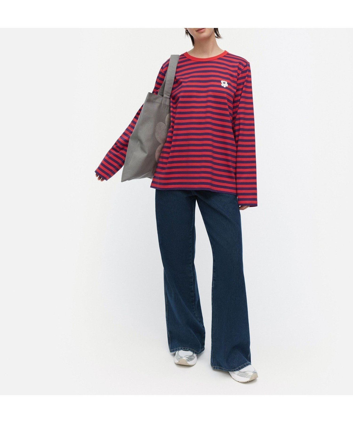 【マリメッコ/marimekko】のTasaraita Unisex Unikko カットソー インテリア・キッズ・メンズ・レディースファッション・服の通販 founy(ファニー) 　ファッション　Fashion　レディースファッション　Fashion for Women　トップス・カットソー　Cut & Sew Tops　カットソー・ベーシックTシャツ　Cut-and-Sewn Tops / Stretch Tees & Basics　ユニセックス　Unisex, Genderless　カットソー　Cut and Sewn Top　スタイリッシュ　Stylish, Fashionable　フラワー　Flower, Floral　ボーダー　Border, Stripe　モダン　Modern, Contemporary　モチーフ　Motif, Design Theme　ワンポイント　One Point, Statement Accent　長袖　Long Sleeve, Full Sleeve　レッド×バイオレット|ID: prp329100004836209 ipo3291000000035227371
