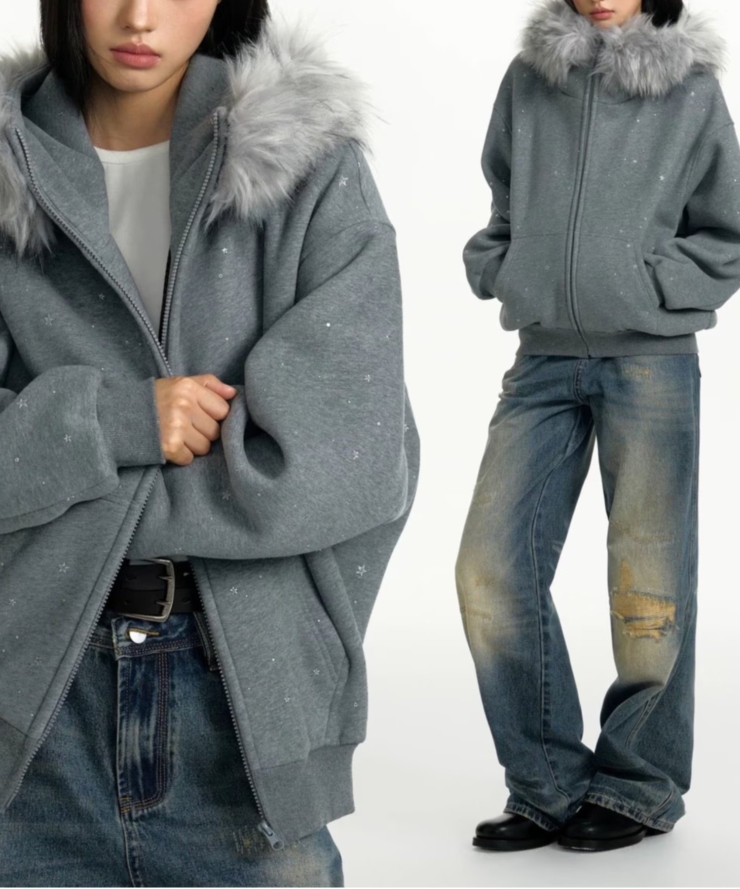 【ネバーマインドザエックスユー チカシツプラス/Never mind the XU Chikashitsu+】の【TGNS】Galaxy Star Demolition Fur Collar Cardigan Sweatshirt / ジップパーカー インテリア・キッズ・メンズ・レディースファッション・服の通販 founy(ファニー) 　ファッション　Fashion　レディースファッション　Fashion for Women　トップス・カットソー　Cut & Sew Tops　カーディガン・羽織り　Layered Style Cardigans　シャツ・ブラウス・オフィスカジュアル　Elegant Blouses & Button-Ups　レディースパーカー・カジュアルフーディー　Casual Hoodies & Sweatshirts　ロングTシャツ・Tシャツ　Longline T-Shirts & Tees　スウェット・クルーネックトップス　Sweatshirts & Crewnecks / Relaxed Fit Sweat Tops　アンダー　Underwear Essentials　春　Spring　キャラクター　Character, Licensed Characters　シンプル　Simple, Minimal　トレンド　Trend, Trending Now　人気　Popular, Best Seller　ベーシック　Basic, Essential　メンズ　Men's, Menswear　A/W・秋冬　Autumn/Winter　S/S・春夏　SS, Spring/Summer, Warm Season　再入荷　Restock / Back in Stock　夏　Summer　グレー|ID: prp329100004836244 ipo3291000000035227678