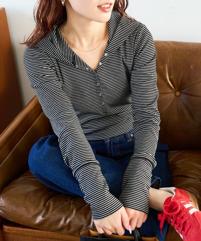 【フリークスストア/FREAK'S STORE】のボーダーフーディーロンTEE【限定展開】 インテリア・キッズ・メンズ・レディースファッション・服の通販 founy(ファニー) 　ファッション　Fashion　レディースファッション　Fashion for Women　トップス・カットソー　Cut & Sew Tops　ロングTシャツ・Tシャツ　Longline T-Shirts & Tees　2026年　2026　コンパクト　Compact, Small Size　デコルテ　Décolleté, Neckline　バランス　Balance, Style Balance　ボーダー　Border, Stripe　ラウンド　Round, Round Neck　夏　Summer　定番　Standard, Basic Item　春　Spring　S/S・春夏　SS, Spring/Summer, Warm Season　長袖　Long Sleeve, Full Sleeve　ブラック×オフシロ|ID: prp329100004836334 ipo3291000000035228431