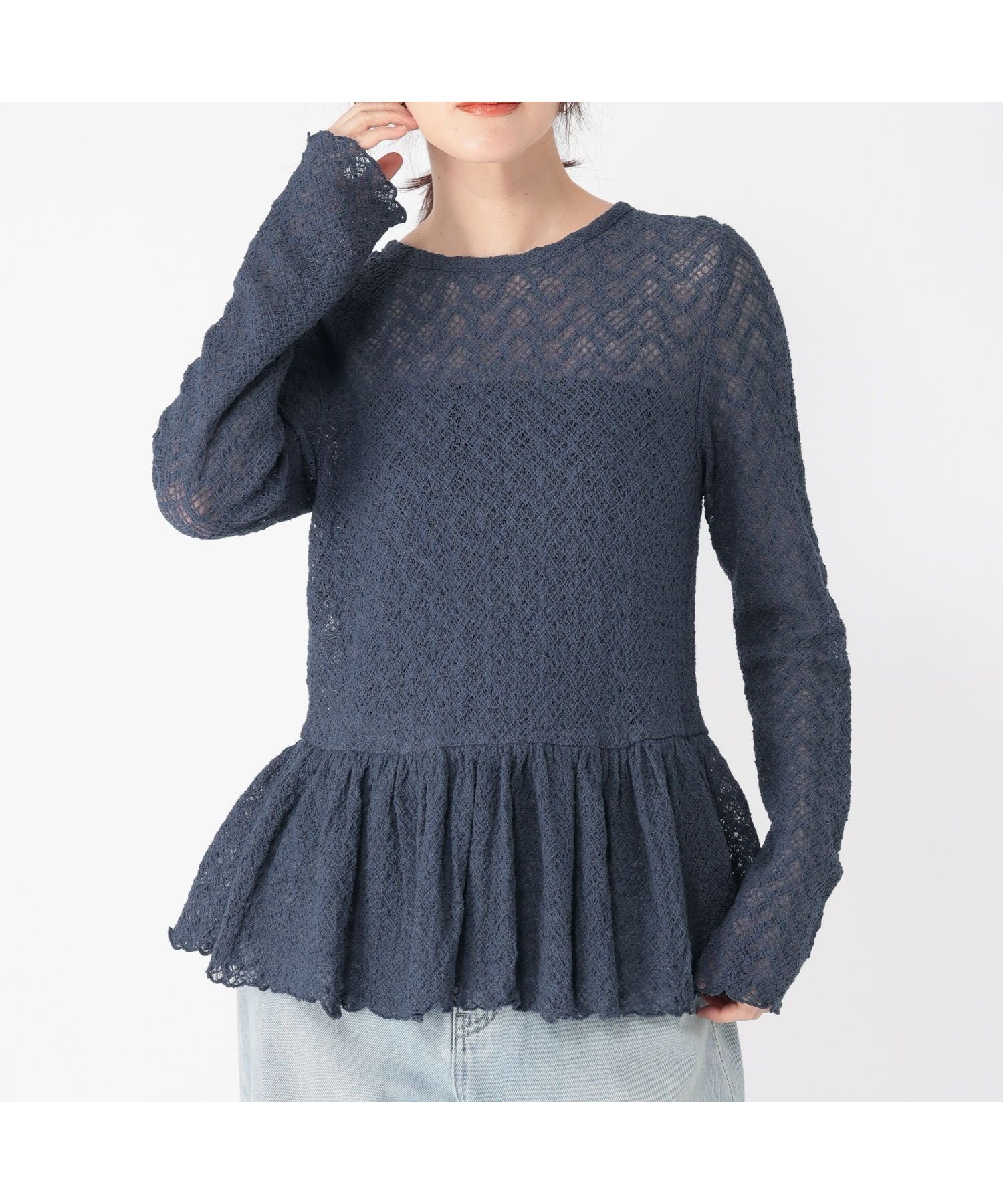 【スタディオ クリップ/studio CLIP】のレースギャザー切り替えロングスリーブプルオーバー 人気、トレンドファッション・服の通販 founy(ファニー) 　ファッション　Fashion　レディースファッション　Fashion for Women　トップス・カットソー　Cut & Sew Tops　カジュアルプルオーバー・ニットトップス　Pullovers & Knit Tops / Casual Pullovers　おすすめ　Recommended / Our Picks　インナー　Innerwear　ギャザー　Gathered, Ruffled　シンプル　Simple, Minimal　ストレッチ　Stretch, Stretchy Fabric　デニム　Denim, Jeans Material　フィット　Fit, Slim Fit　メッシュ　Mesh, Net Fabric　レース　Lace, Lace Fabric　 other-1|ID: prp329100004836367 ipo3291000000035228648