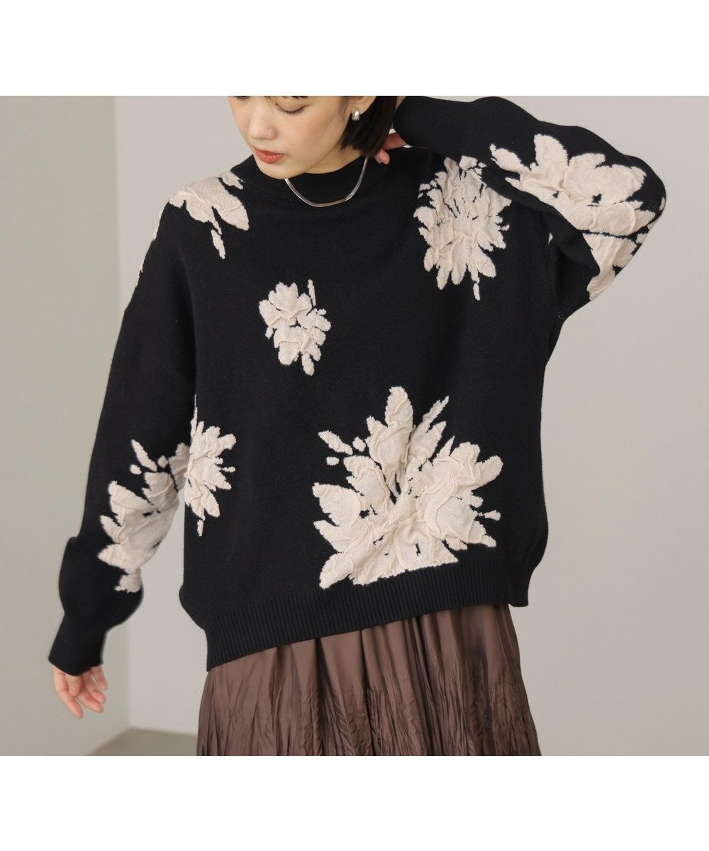 【バブ ブージュルード/Bab Bou Jeloud】のフラワージャガード柄ニットプルオーバー インテリア・キッズ・メンズ・レディースファッション・服の通販 founy(ファニー) 　ファッション　Fashion　レディースファッション　Fashion for Women　トップス・カットソー　Cut & Sew Tops　ニット　Knit Tops & Sweaters　カジュアルプルオーバー・ニットトップス　Pullovers & Knit Tops / Casual Pullovers　カーディガン　Cardigan, Knitwear　フラワー　Flower, Floral　モチーフ　Motif, Design Theme　リラックス　Relax, Relaxed Fit　再入荷　Restock / Back in Stock　BLACK|ID: prp329100004836792 ipo3291000000035235539