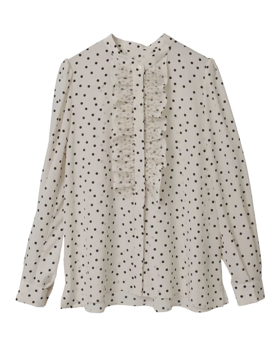 【ティアラ/Tiara】のドットプリントフリルブラウス インテリア・キッズ・メンズ・レディースファッション・服の通販 founy(ファニー) 　ファッション　Fashion　レディースファッション　Fashion for Women　トップス・カットソー　Cut & Sew Tops　シャツ・ブラウス・オフィスカジュアル　Elegant Blouses & Button-Ups　コンパクト　Compact, Small Size　ドット　Polka Dot, Dot Pattern　フリル　Frill, Ruffle　フロント　Front, Front Design　プリント　Print, Printed Pattern　ランダム　Random, Irregular　ホワイト|ID: prp329100004836902 ipo3291000000035237027