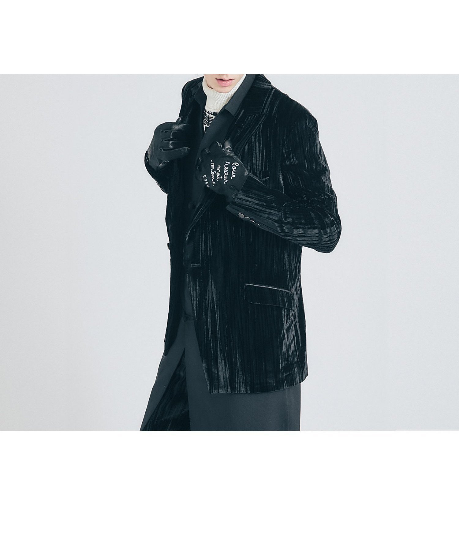 【5351プール オム/5351POUR LES HOMMES / MEN】の【セットアップ対応】プリーツ ベルベット セミダブル ジャケット インテリア・キッズ・メンズ・レディースファッション・服の通販 founy(ファニー) 　ファッション　Fashion　メンズファッション　Fashion for Men　セットアップ　Matching Sets　おすすめ　Recommended / Our Picks　エレガント 上品　Elegant　ジャケット　Jacket, Outerwear　ストライプ　Stripe, Striped Pattern　スラックス　Slacks, Dress Pants　セットアップ　Set-Up, Coordinated Outfit　ダブル　Double, Double-Breasted　ドレープ　Drape, Draping Fabric　プリーツ　Pleats, Pleated　ベルベット　Velvet, Velvety　ランダム　Random, Irregular　ブラック|ID: prp329100004837229 ipo3291000000035242095