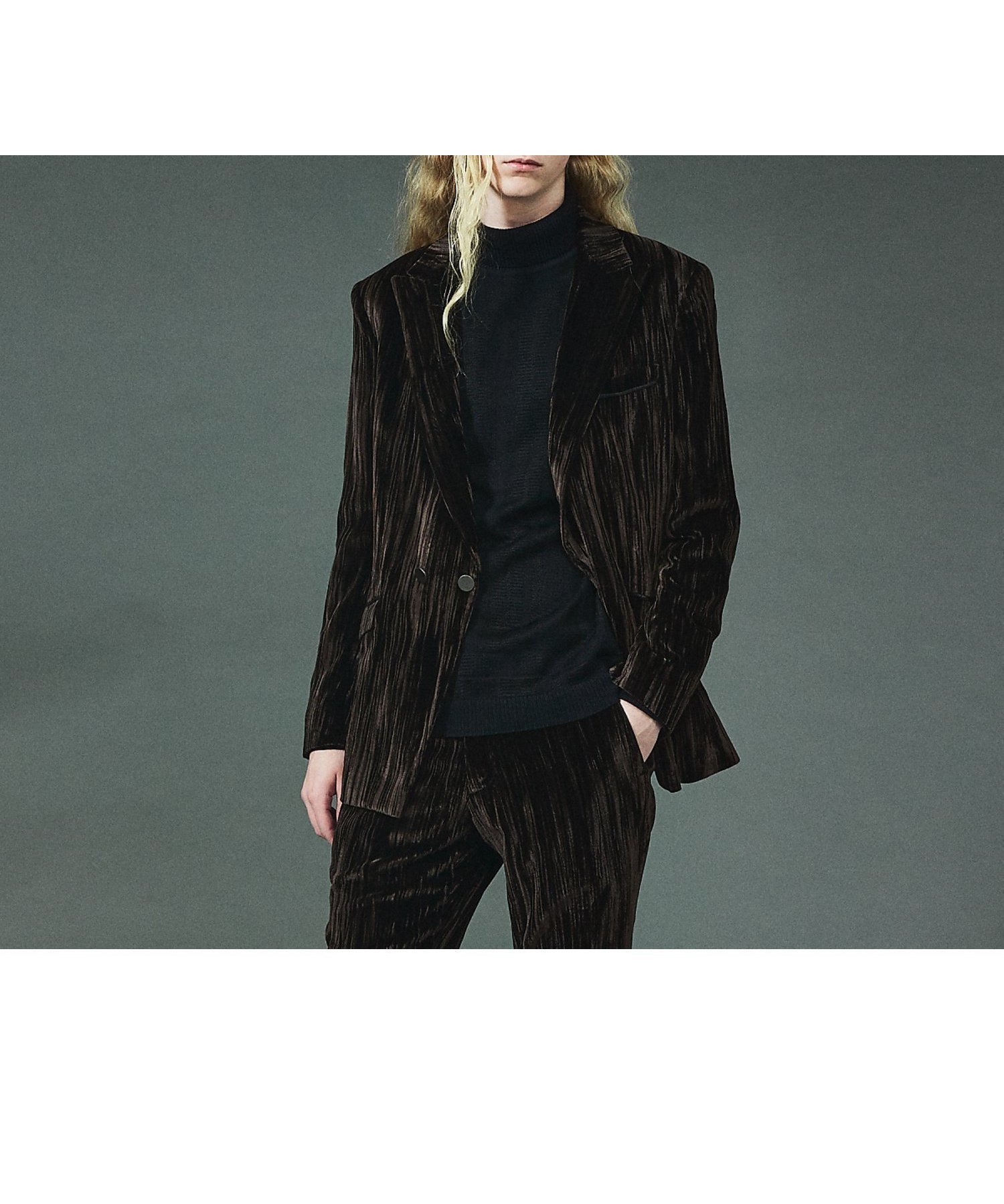 【5351プール オム/5351POUR LES HOMMES / MEN】の【セットアップ対応】プリーツ ベルベット セミダブル ジャケット インテリア・キッズ・メンズ・レディースファッション・服の通販 founy(ファニー) 　ファッション　Fashion　メンズファッション　Fashion for Men　セットアップ　Matching Sets　おすすめ　Recommended / Our Picks　エレガント 上品　Elegant　ジャケット　Jacket, Outerwear　ストライプ　Stripe, Striped Pattern　スラックス　Slacks, Dress Pants　セットアップ　Set-Up, Coordinated Outfit　ダブル　Double, Double-Breasted　ドレープ　Drape, Draping Fabric　プリーツ　Pleats, Pleated　ベルベット　Velvet, Velvety　ランダム　Random, Irregular　ブラウン|ID: prp329100004837229 ipo3291000000035242097