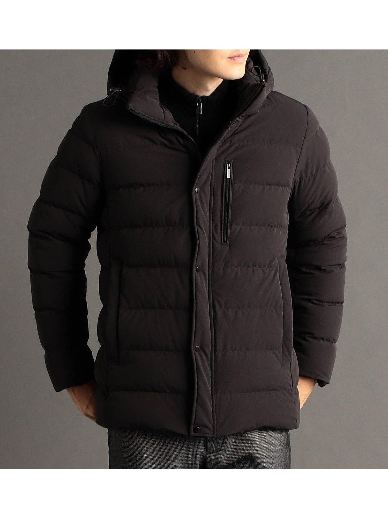 【ニコル/NICOLE / MEN】のフーデッド ミドルダウンブルゾン インテリア・キッズ・メンズ・レディースファッション・服の通販 founy(ファニー) 　ファッション　Fashion　メンズファッション　Fashion for Men　シンプル　Simple, Minimal　ストレッチ　Stretch, Stretchy Fabric　スマート　Smart, Elegant　タフタ　Taffeta, Structured Fabric　フロント　Front, Front Design　ポケット　Pocket, Pocket Detail　ミックス　Mix, Mixed Style　別注　Limited Edition, Custom Order　49ブラック|ID: prp329100004837233 ipo3291000000035242153