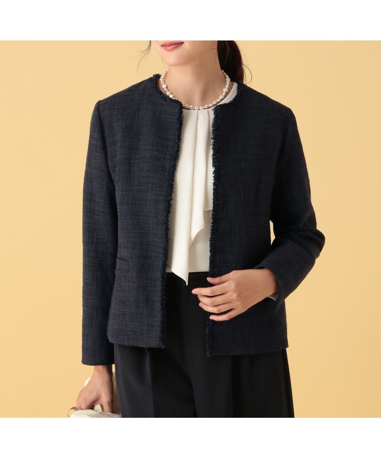 【エルーラ/Elura】の≪入卒/セレモニー/通勤≫ツイードクルージャケット/602138 インテリア・キッズ・メンズ・レディースファッション・服の通販 founy(ファニー) 　ファッション　Fashion　レディースファッション　Fashion for Women　アウター　Coat / Outerwear Collection　レディースジャケット・軽アウター　Jackets　コンパクト　Compact, Small Size　ツイード　Twill, Twill Weave　バランス　Balance, Style Balance　パターン　Pattern, Design Print　セレモニー　Ceremony　入学式　Entrance Ceremony　卒業式　Graduation Ceremony　ビジネス 仕事 通勤　Business / Work / Commuting　ネイビー88|ID: prp329100004837262 ipo3291000000035242493