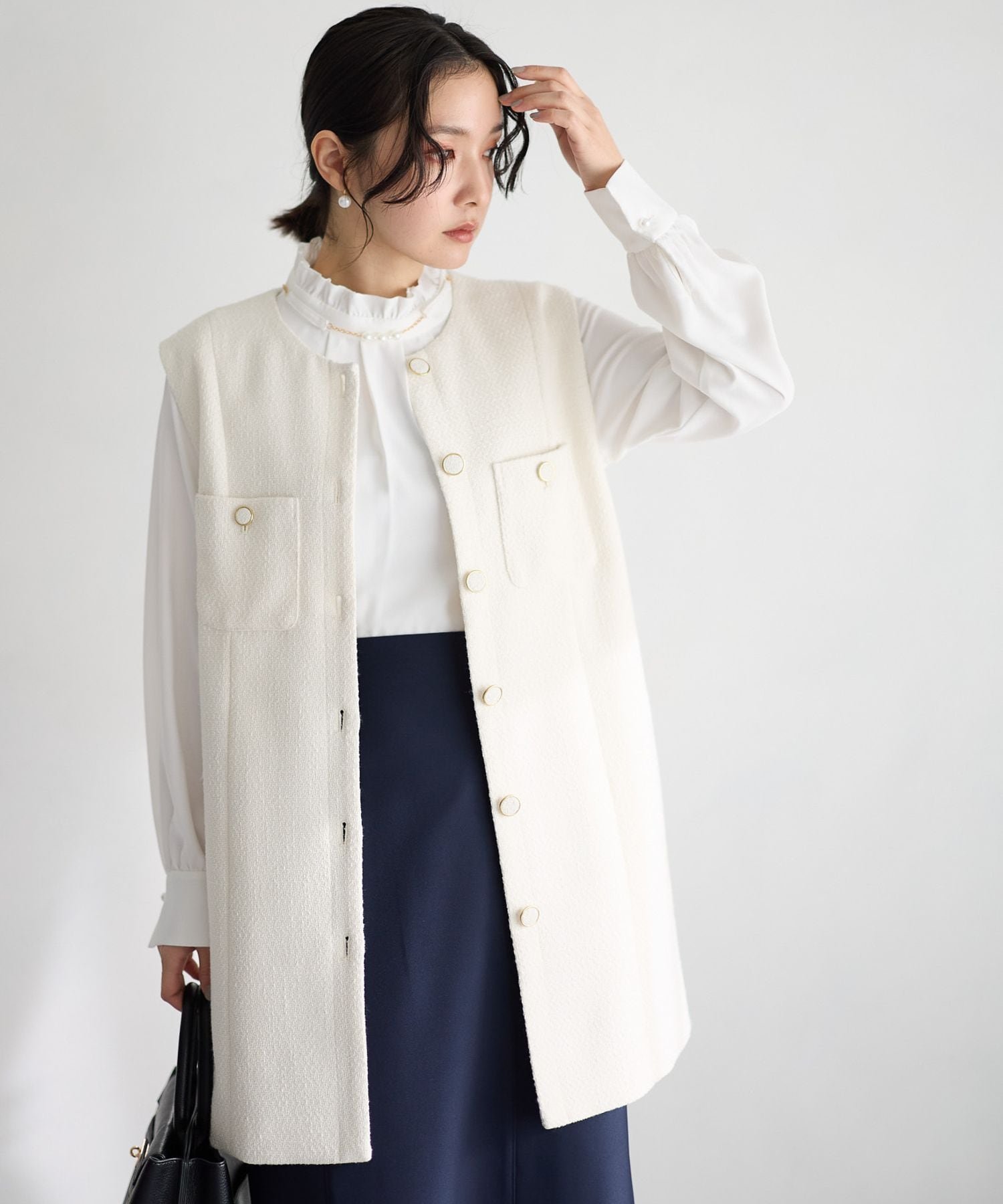 【アンデミュウ/Andemiu】の【セレモニー】ツイードロングジレ インテリア・キッズ・メンズ・レディースファッション・服の通販 founy(ファニー) 　ファッション　Fashion　レディースファッション　Fashion for Women　アウター　Coat / Outerwear Collection　トップス・カットソー　Cut & Sew Tops　ベスト&ジレ / 重ね着スタイル　Vests & Gilets　おすすめ　Recommended / Our Picks　インナー　Innerwear　セレモニー　Ceremony　ダウン　Down, Puffer　デニム　Denim, Jeans Material　トレンド　Trend, Trending Now　ビッグ　Big, Oversized　フォーマル　Formal, Dressy　フリル　Frill, Ruffle　ミックス　Mix, Mixed Style　リボン　Ribbon, Bow　アイボリー|ID: prp329100004837280 ipo3291000000035242655