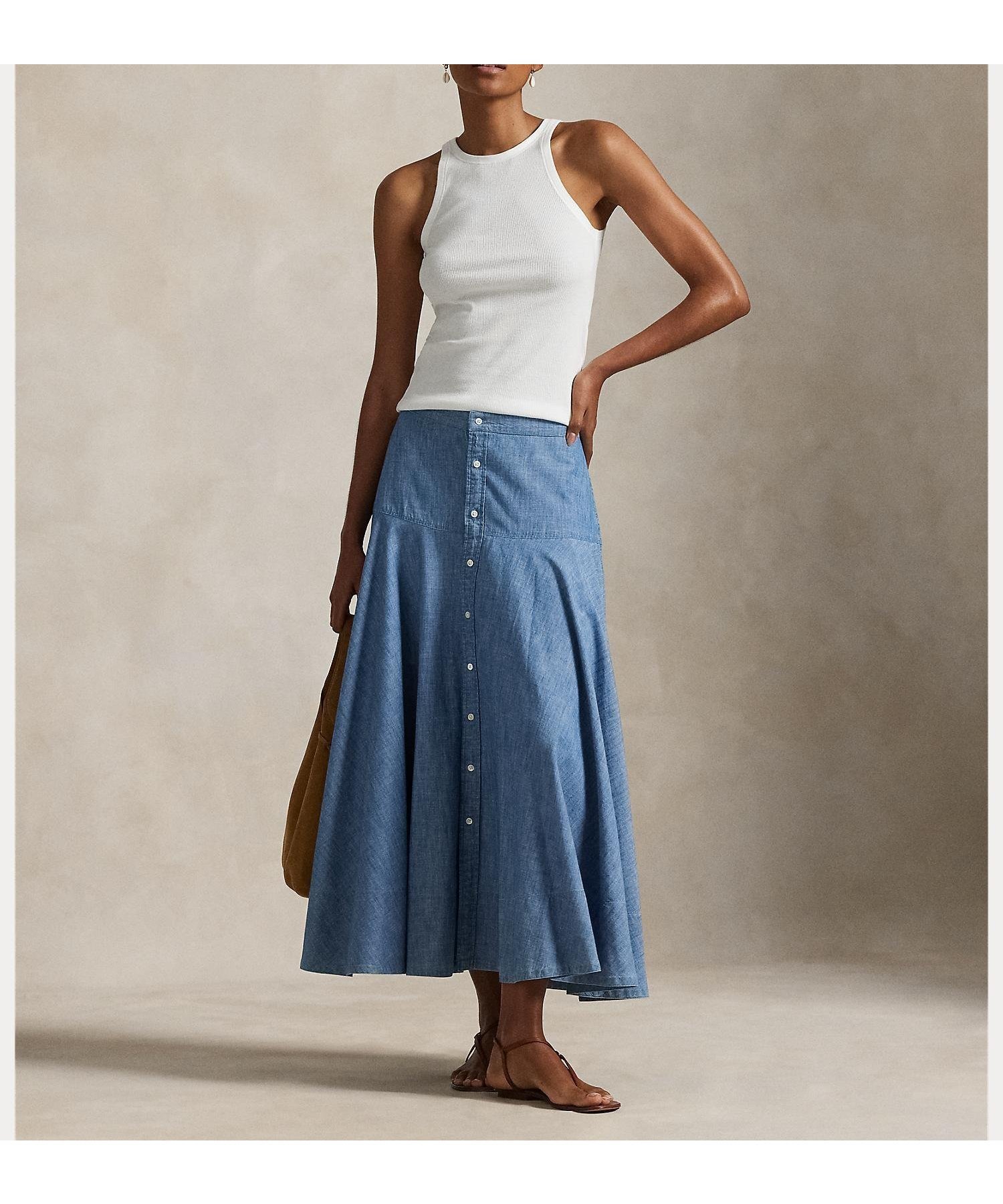 【ラルフローレン/RALPH LAUREN】のコットン シャンブレー Aライン スカート 人気、トレンドファッション・服の通販 founy(ファニー) 　ファッション　Fashion　レディースファッション　Fashion for Women　スカート　Skirts　Aライン・フレアスカート　A-Line & Flared Skirts　シャンブレー　Chambray, Denim-Like Fabric　フロント　Front, Front Design　ヨーク　Yoke, Yoke Design　 other-1|ID: prp329100004837336 ipo3291000000035243470