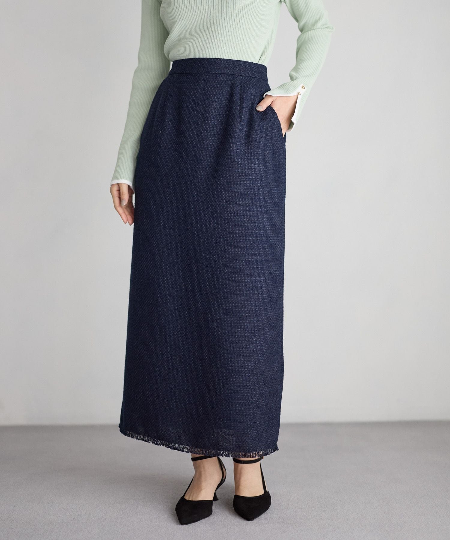 【アンデミュウ/Andemiu】の【セレモニー】ツイードIラインスカート インテリア・キッズ・メンズ・レディースファッション・服の通販 founy(ファニー) 　ファッション　Fashion　レディースファッション　Fashion for Women　スカート　Skirts　クラシカル　Classical, Vintage-Inspired　セットアップ　Set-Up, Coordinated Outfit　セレモニー　Ceremony　ツイード　Twill, Twill Weave　フォーマル　Formal, Dressy　フリンジ　Fringe, Tassel　ポケット　Pocket, Pocket Detail　エレガント 上品　Elegant　ネイビー|ID: prp329100004837372 ipo3291000000035243840