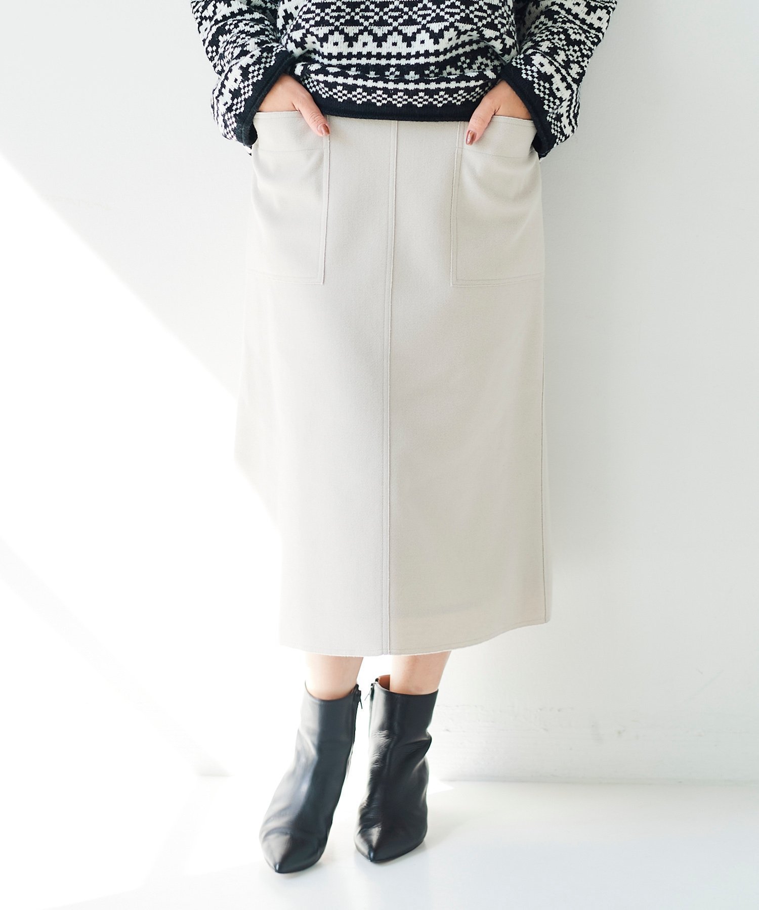 【ルクールブラン/le.coeur blanc】のジャージーメルトントラペーズスカート インテリア・キッズ・メンズ・レディースファッション・服の通販 founy(ファニー) 　ファッション　Fashion　レディースファッション　Fashion for Women　スカート　Skirts　おすすめ　Recommended / Our Picks　なめらか　Smooth, Silky Texture　ポケット　Pocket, Pocket Detail　メルトン　Melton, Heavy Wool　ベージュ|ID: prp329100004837448 ipo3291000000035244679