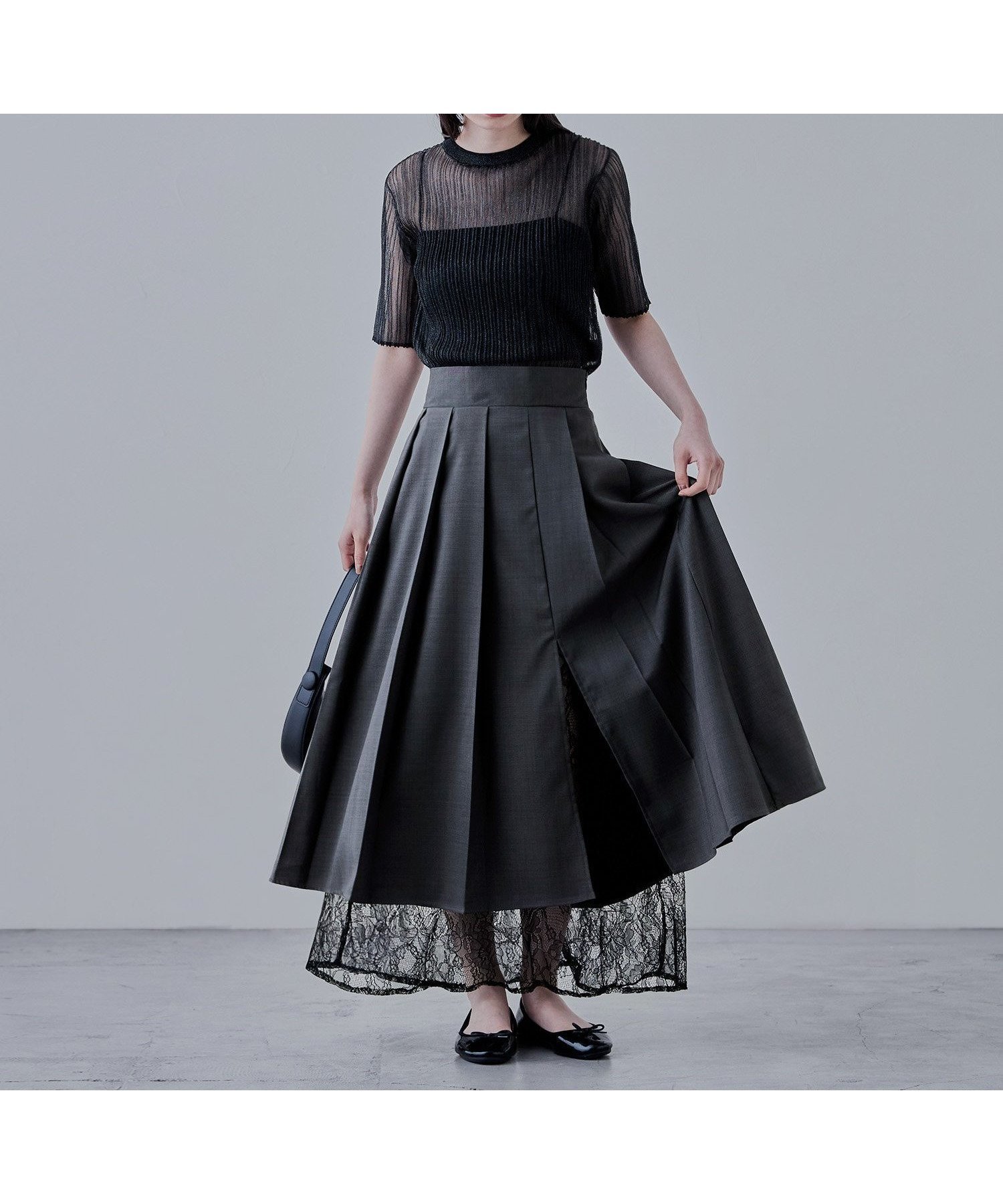 【ビーフラット/bflat】のヘザーツイルレースレイヤードスカート 人気、トレンドファッション・服の通販 founy(ファニー) 　ファッション　Fashion　レディースファッション　Fashion for Women　スカート　Skirts　シンプル　Simple, Minimal　スリット　Slit, Slit Detail　トレンド　Trend, Trending Now　フレア　Flare, Flared　プリーツ　Pleats, Pleated　ポケット　Pocket, Pocket Detail　レース　Lace, Lace Fabric　 other-1|ID: prp329100004837451 ipo3291000000035244717