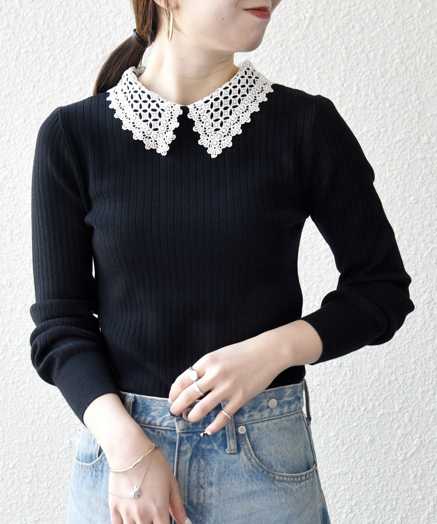 【シップス フォー ウィメン/SHIPS】のSHIPS any 手洗い可能 2WAY レース カラー リブ ニット プルオーバー インテリア・キッズ・メンズ・レディースファッション・服の通販 founy(ファニー) 　ファッション　Fashion　レディースファッション　Fashion for Women　トップス・カットソー　Cut & Sew Tops　ニット　Knit Tops & Sweaters　カジュアルプルオーバー・ニットトップス　Pullovers & Knit Tops / Casual Pullovers　洗える　Machine Washable　シンプル　Simple, Minimal　透かし　Cut-Out, Lacework　デニム　Denim, Jeans Material　ベーシック　Basic, Essential　ボトム　Bottoms, Lower Wear　リブニット　Rib Knit, Ribbed Knit　レース　Lace, Lace Fabric　ロング　Long, Long-Length　おすすめ　Recommended / Our Picks　2026年　2026　ブラック|ID: prp329100004837460 ipo3291000000035244818