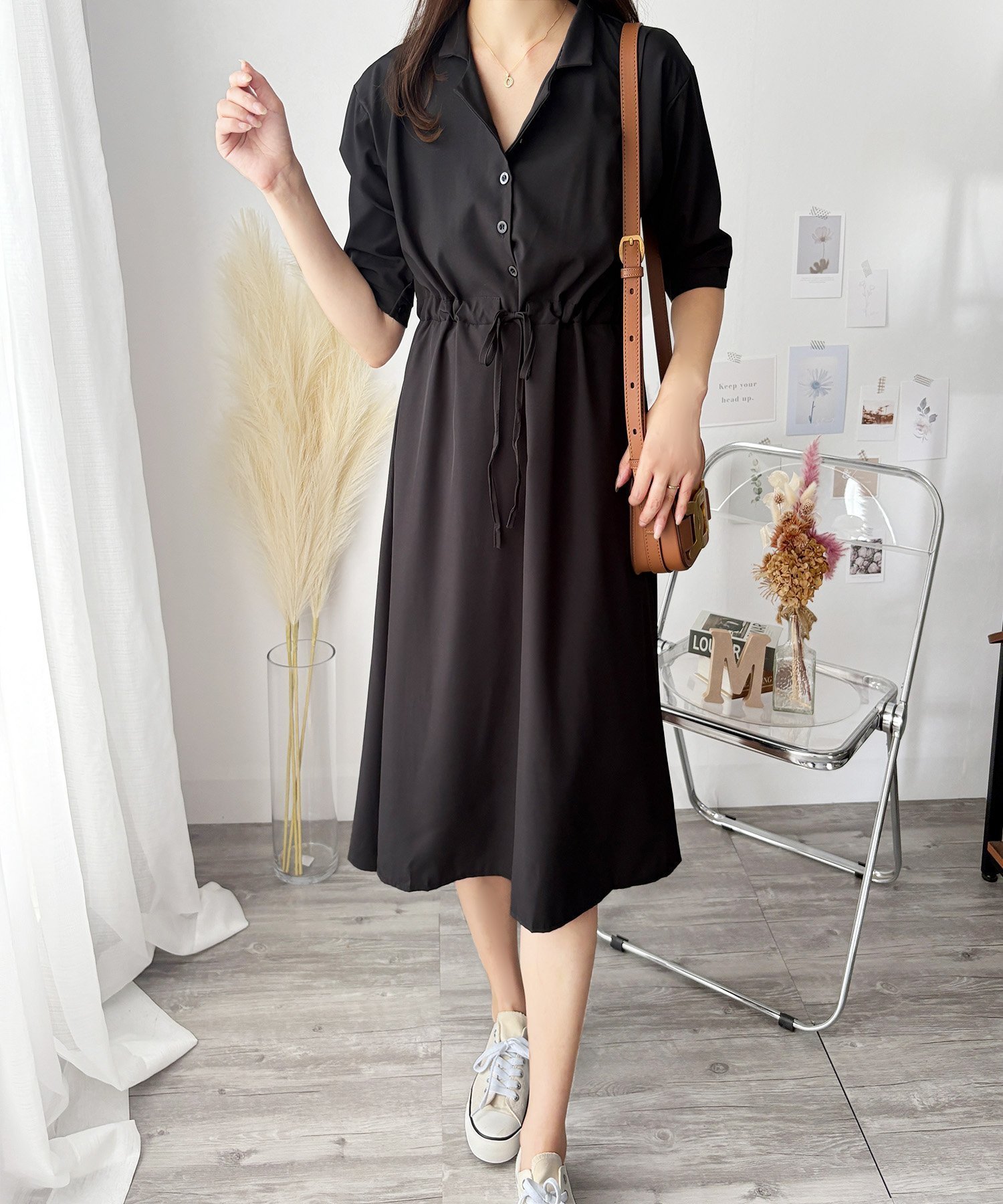 【アミュレット/Amulet】の【Amulet】五分袖ウエストマークワンピース インテリア・キッズ・メンズ・レディースファッション・服の通販 founy(ファニー) 　ファッション　Fashion　レディースファッション　Fashion for Women　ワンピース　Dresses　アクセサリー　Fashion Accessories　春　Spring　秋　Autumn　シャツワンピ　Shirt Dress, Shirt One-Piece　シンプル　Simple, Minimal　スニーカー　Sneakers, Trainers　ダウン　Down, Puffer　ドローストリング　Drawstring, Pull Cord　リラックス　Relax, Relaxed Fit　ロールアップ　Roll-Up, Cuffed Hem　おすすめ　Recommended / Our Picks　エレガント 上品　Elegant　ブラック|ID: prp329100004837500 ipo3291000000035245324