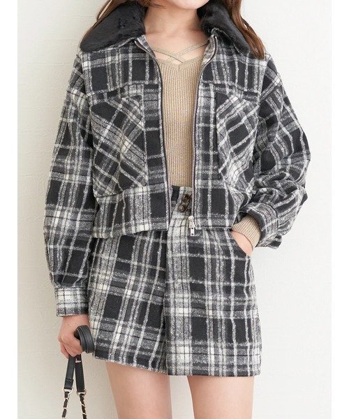 【ルディックパーク/LUDIC PARK】のSET 起毛チェック柄ブルゾン×ショートパンツ インテリア・キッズ・メンズ・レディースファッション・服の通販 founy(ファニー) 　ファッション　Fashion　レディースファッション　Fashion for Women　アウター　Coat / Outerwear Collection　ブルゾンジャケット・スポーティアウター　Blouson Jackets　パンツ　Pants & Trousers　ショートパンツ・ハーフパンツ　High-Waisted & Relaxed Shorts　インナー　Innerwear　ショート　Short, Short Length　セットアップ　Set-Up, Coordinated Outfit　チェック　Check, Plaid, Tartan　トレンド　Trend, Trending Now　ハイネック　High Neck, Mock Neck　ブルゾン　Blouson, Bomber Jacket　A柄|ID: prp329100004837501 ipo3291000000035245345