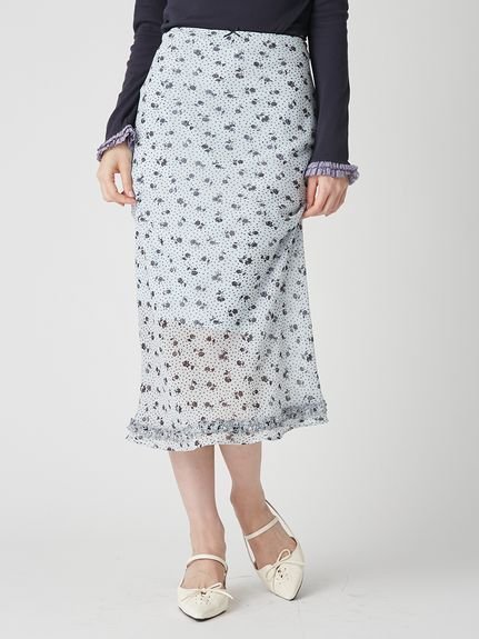 【リリーブラウン/Lily Brown】のプリントシフォンバイアスミディスカート インテリア・キッズ・メンズ・レディースファッション・服の通販 founy(ファニー) 　ファッション　Fashion　レディースファッション　Fashion for Women　スカート　Skirts　インナー　Innerwear　シフォン　Chiffon, Lightweight Fabric　シューズ　Shoes, Footwear　ジョーゼット　Georgette, Semi-Sheer Fabric　スマート　Smart, Elegant　セットアップ　Set-Up, Coordinated Outfit　ドット　Polka Dot, Dot Pattern　バイアス　Bias, Diagonal Cut　フリル　Frill, Ruffle　プリント　Print, Printed Pattern　リボン　Ribbon, Bow　ローズ　Rose, Rose Motif　おすすめ　Recommended / Our Picks　エレガント 上品　Elegant　SAX[083]|ID: prp329100004837528 ipo3291000000035245701