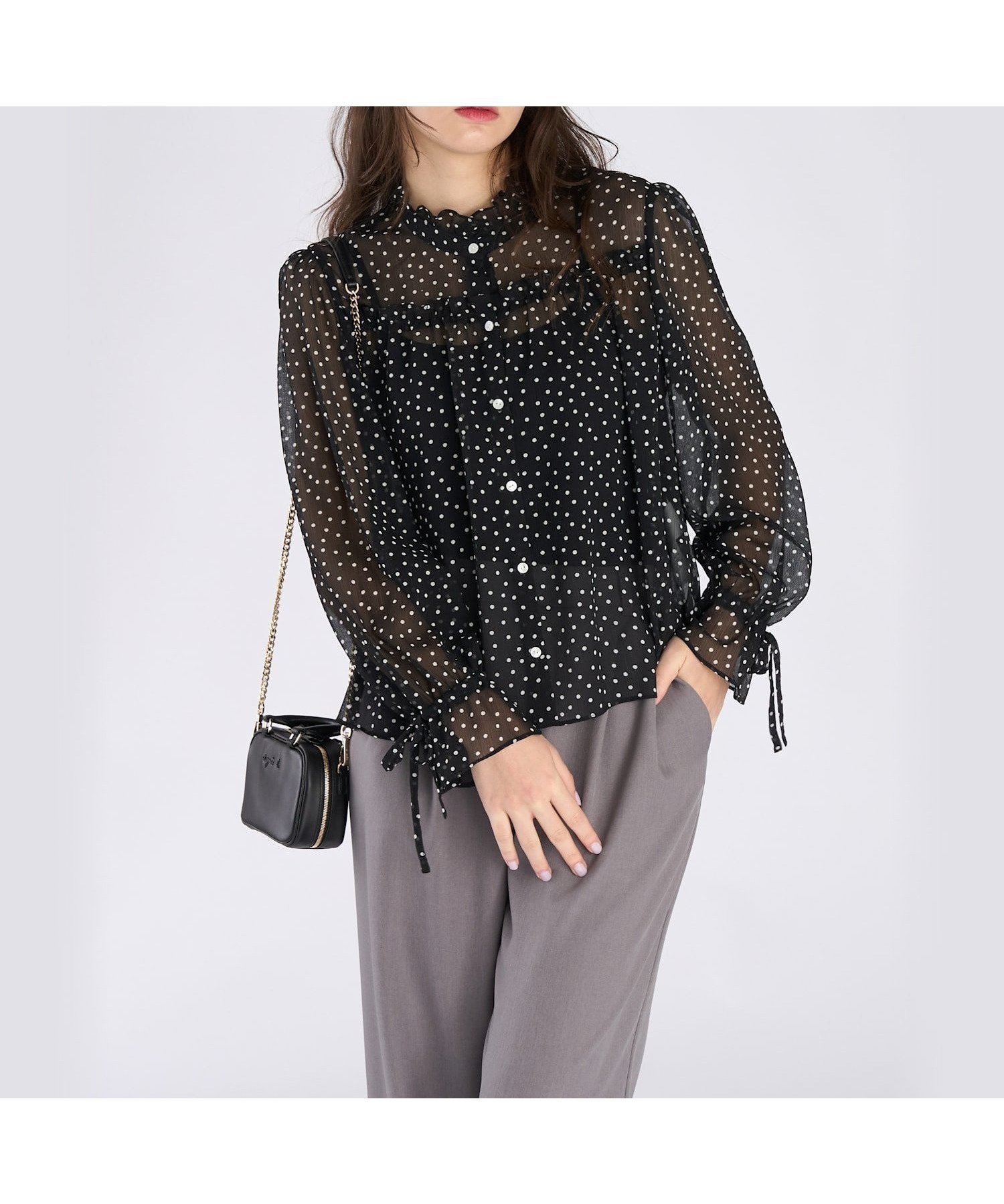 【アニエスベー ファム/agnes b. FEMME】のドットプリント ヨウリュウ 長袖 ギャザー ブラウス インテリア・キッズ・メンズ・レディースファッション・服の通販 founy(ファニー) 　ファッション　Fashion　レディースファッション　Fashion for Women　トップス・カットソー　Cut & Sew Tops　シャツ・ブラウス・オフィスカジュアル　Elegant Blouses & Button-Ups　インナー　Innerwear　ギャザー　Gathered, Ruffled　シアー　Sheer, See-Through　ジャケット　Jacket, Outerwear　デニム　Denim, Jeans Material　ドット　Polka Dot, Dot Pattern　ファブリック　Fabric, Textile　フェミニン　Feminine, Girly　フリル　Frill, Ruffle　プリント　Print, Printed Pattern　長袖　Long Sleeve, Full Sleeve　ブラック|ID: prp329100004837541 ipo3291000000035245806