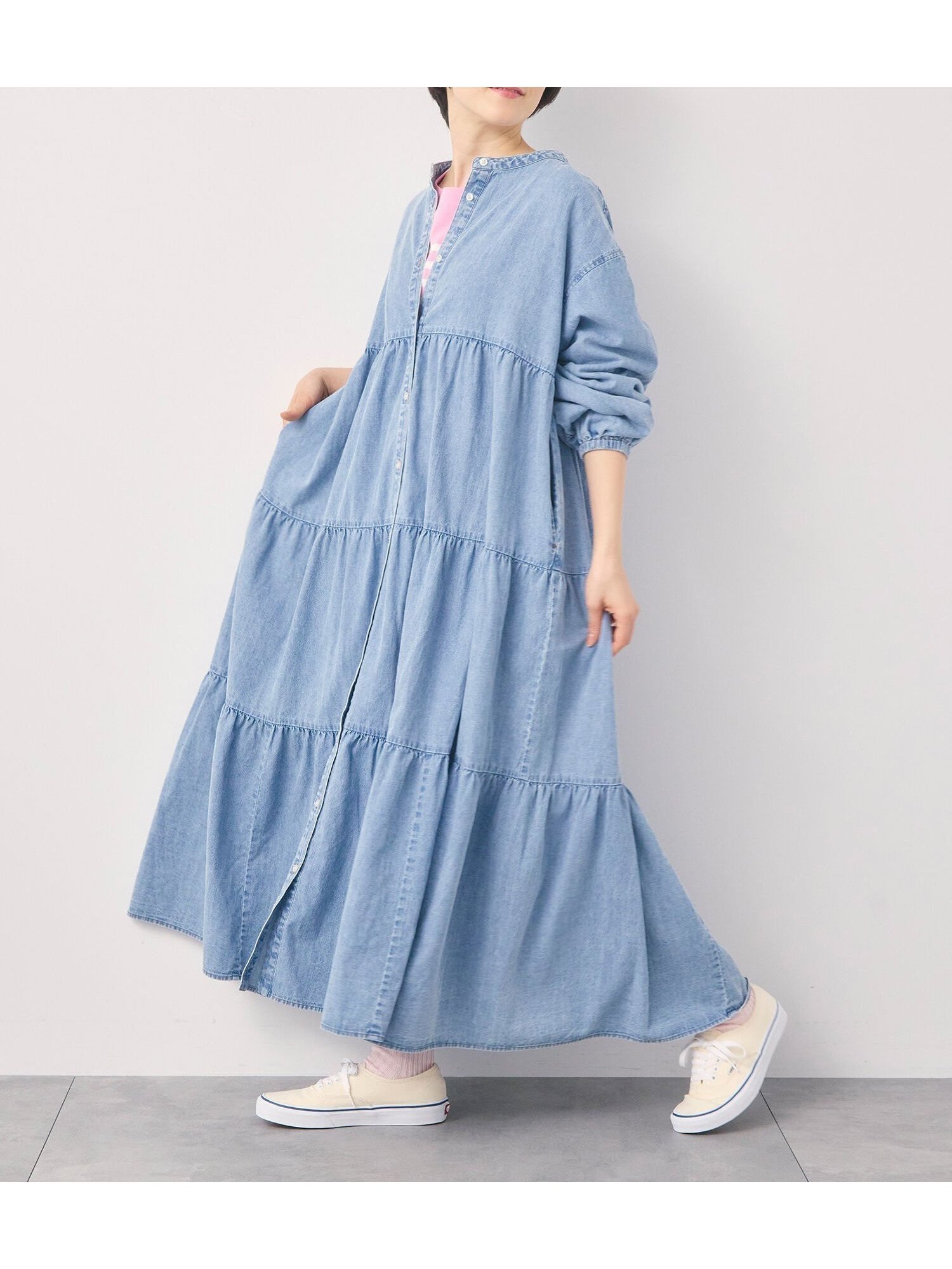 【サマンサモスモス/Samansa Mos2】の【オーガニックコットン】デニムティアードワンピース 人気、トレンドファッション・服の通販 founy(ファニー) 　ファッション　Fashion　レディースファッション　Fashion for Women　ワンピース　Dresses　おすすめ　Recommended / Our Picks　カーディガン　Cardigan, Knitwear　ティアード　Tiered, Tiered Style　ポケット　Pocket, Pocket Detail　 other-1|ID: prp329100004837570 ipo3291000000035246074