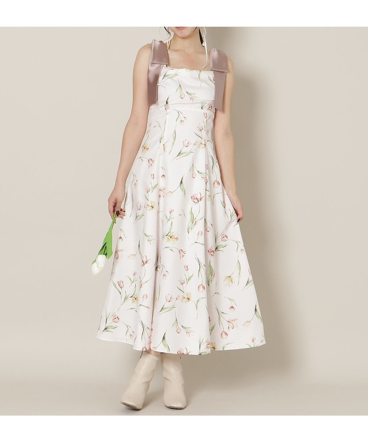 【ウィルセレクション/WILLSELECTION】の【Tulip Series】リボンショルダーチューリップフレアワンピース インテリア・キッズ・メンズ・レディースファッション・服の通販 founy(ファニー) 　ファッション　Fashion　レディースファッション　Fashion for Women　ワンピース　Dresses　おすすめ　Recommended / Our Picks　インナー　Innerwear　チューリップ　Tube, Tube Top　ドレープ　Drape, Draping Fabric　プリント　Print, Printed Pattern　リボン　Ribbon, Bow　春　Spring　赤系花柄|ID: prp329100004837582 ipo3291000000035246163