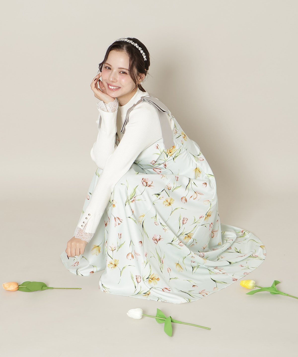 【ウィルセレクション/WILLSELECTION】の【Tulip Series】リボンショルダーチューリップフレアワンピース インテリア・キッズ・メンズ・レディースファッション・服の通販 founy(ファニー) 　ファッション　Fashion　レディースファッション　Fashion for Women　ワンピース　Dresses　おすすめ　Recommended / Our Picks　インナー　Innerwear　チューリップ　Tube, Tube Top　ドレープ　Drape, Draping Fabric　プリント　Print, Printed Pattern　リボン　Ribbon, Bow　春　Spring　グリーン系花柄|ID: prp329100004837582 ipo3291000000035246164