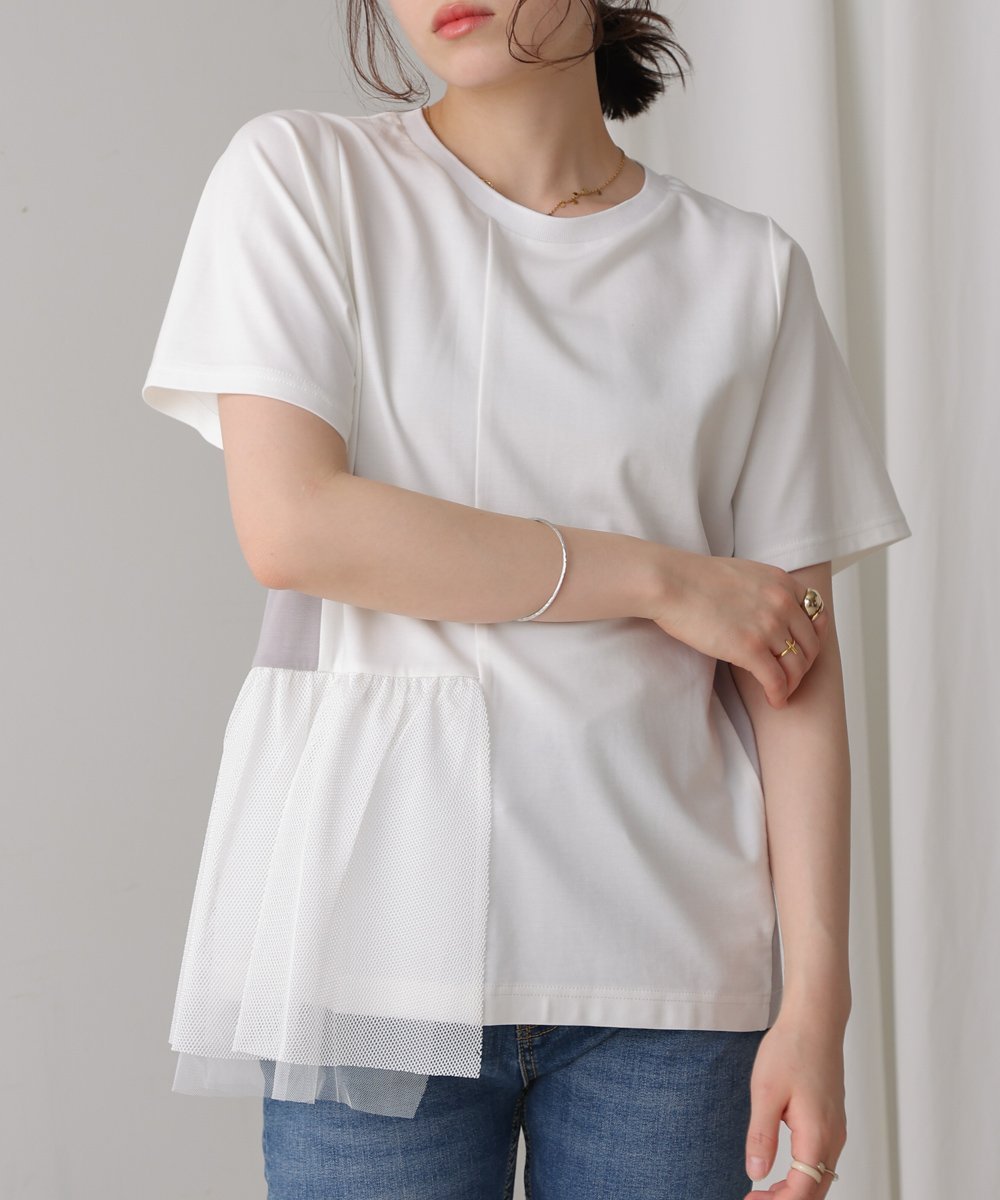 【バブ ブージュルード/Bab Bou Jeloud】の裾メッシュ切替プルオーバー インテリア・キッズ・メンズ・レディースファッション・服の通販 founy(ファニー) 　ファッション　Fashion　レディースファッション　Fashion for Women　トップス・カットソー　Cut & Sew Tops　カジュアルプルオーバー・ニットトップス　Pullovers & Knit Tops / Casual Pullovers　カットソー　Cut and Sewn Top　シルケット　Silket, Silky Cotton　チュール　Tulip, Tulip Motif　デニム　Denim, Jeans Material　ドッキング　Docking, Mixed Material　フレア　Flare, Flared　メッシュ　Mesh, Net Fabric　再入荷　Restock / Back in Stock　切替　Switching, Contrast Panel　OFFWHITE|ID: prp329100004837635 ipo3291000000035247234