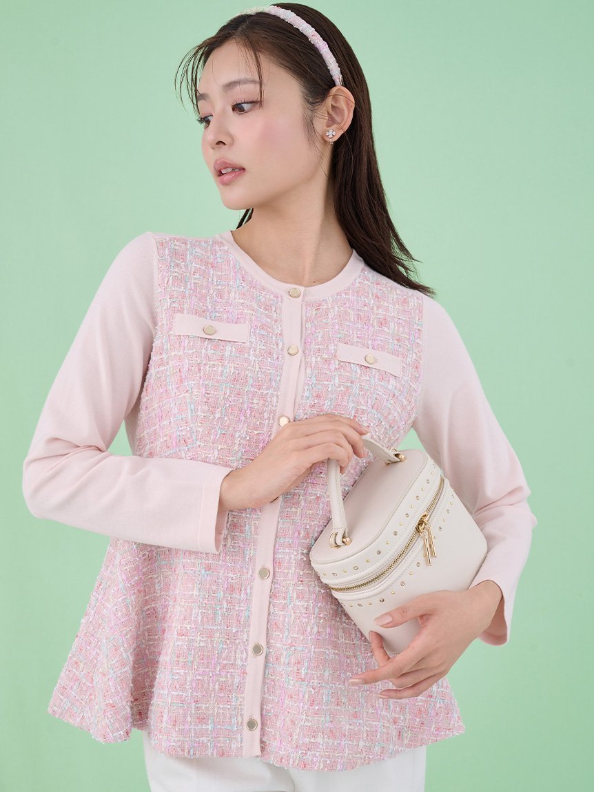 【セルフォード/CELFORD】のツイードペプラムカーディガン インテリア・キッズ・メンズ・レディースファッション・服の通販 founy(ファニー) 　ファッション　Fashion　レディースファッション　Fashion for Women　トップス・カットソー　Cut & Sew Tops　カーディガン・羽織り　Layered Style Cardigans　おすすめ　Recommended / Our Picks　ウェーブ　Wavy Pattern　カーディガン　Cardigan, Knitwear　スマート　Smart, Elegant　ツイード　Twill, Twill Weave　ドッキング　Docking, Mixed Material　ペプラム　Peplum, Flared Hem　メタル　Metal, Metal Parts　PNK[066]|ID: prp329100004839250 ipo3291000000036283927