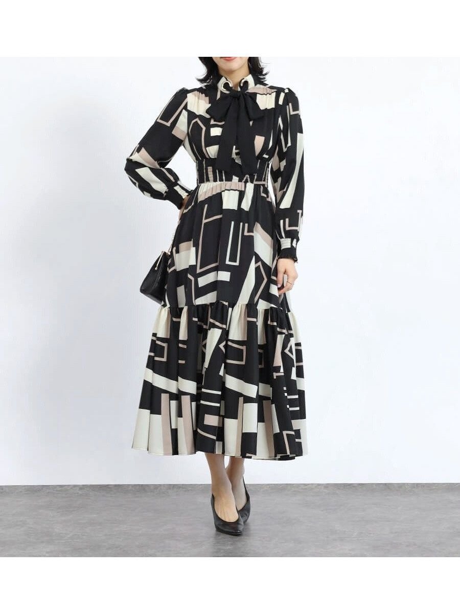 【ヴァン/Vin】のモノトーンジオメトリックワンピース 人気、トレンドファッション・服の通販 founy(ファニー) ファッション Fashion レディースファッション Fashion for Women ワンピース Dresses シャーリング Shirring, Ruched ジャケット Jacket, Outerwear フレア Flare, Flared リボン Ribbon, Bow リラックス Relax, Relaxed Fit ロング Long, Long-Length other-1|ID: prp329100004841129 ipo3291000000035281890