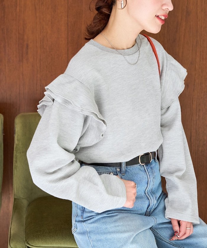 【フリークスストア/FREAK'S STORE】のワッフル フリル 袖 ロング スリーブ プルオーバー【限定展開】 25AW インテリア・キッズ・メンズ・レディースファッション・服の通販 founy(ファニー) 　ファッション　Fashion　レディースファッション　Fashion for Women　トップス・カットソー　Cut & Sew Tops　カジュアルプルオーバー・ニットトップス　Pullovers & Knit Tops / Casual Pullovers　2025年　2025　2025-2026秋冬・A/W　Autumn/Winter 2025–26 AW25–26　冬　Winter / This Winter　カットソー　Cut and Sewn Top　スリーブ　Sleeve, Long Sleeve / Short Sleeve　フェミニン　Feminine, Girly　フリル　Frill, Ruffle　ロング　Long, Long-Length　ワッフル　Waffle, Waffle Knit　人気　Popular, Best Seller　A/W・秋冬　Autumn/Winter　グレー|ID: prp329100004846039 ipo3291000000036156832