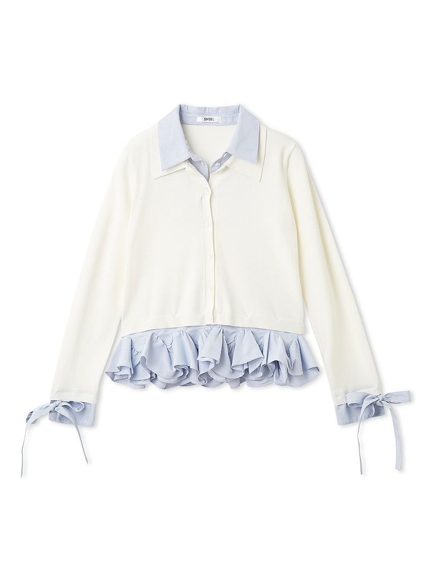 【スナイデル/SNIDEL】のシャツドッキングヘムボリュームニットプルオーバー 人気、トレンドファッション・服の通販 founy(ファニー) 　ファッション　Fashion　レディースファッション　Fashion for Women　トップス・カットソー　Cut & Sew Tops　ニット　Knit Tops & Sweaters　シャツ・ブラウス・オフィスカジュアル　Elegant Blouses & Button-Ups　カジュアルプルオーバー・ニットトップス　Pullovers & Knit Tops / Casual Pullovers　ウェーブ　Wavy Pattern　オレンジ　Orange　カフス　Cuff Design　カーディガン　Cardigan, Knitwear　今季　This Season, Current Season　ストレート　Straight, Straight Cut　スマート　Smart, Elegant　デコルテ　Décolleté, Neckline　トレンド　Trend, Trending Now　ドッキング　Docking, Mixed Material　バランス　Balance, Style Balance　ボトム　Bottoms, Lower Wear　ボーダー　Border, Stripe　無地　Plain, Solid Color　ラッフル　Ruffle, Frill　リボン　Ribbon, Bow　おすすめ　Recommended / Our Picks　 other-1|ID: prp329100004846588 ipo3291000000035896827