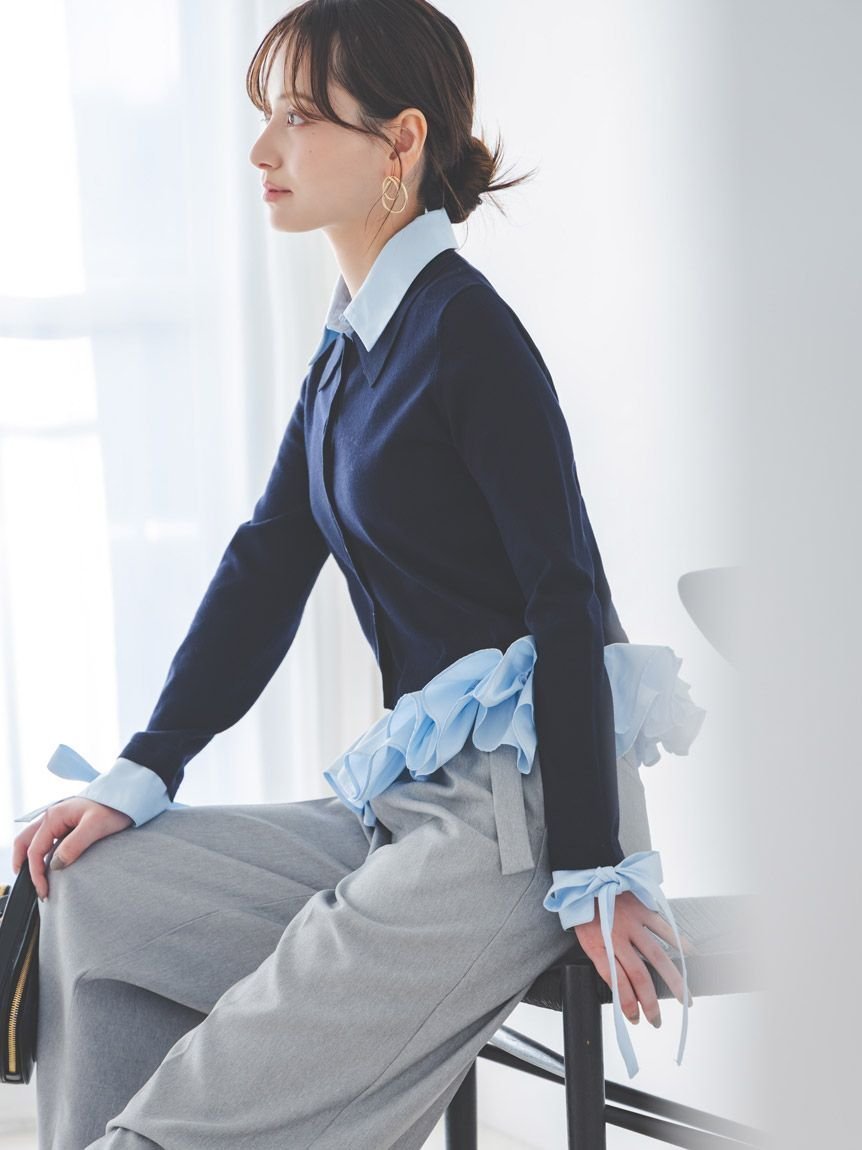 【スナイデル/SNIDEL】のシャツドッキングヘムボリュームニットプルオーバー インテリア・キッズ・メンズ・レディースファッション・服の通販 founy(ファニー) 　ファッション　Fashion　レディースファッション　Fashion for Women　トップス・カットソー　Cut & Sew Tops　ニット　Knit Tops & Sweaters　シャツ・ブラウス・オフィスカジュアル　Elegant Blouses & Button-Ups　カジュアルプルオーバー・ニットトップス　Pullovers & Knit Tops / Casual Pullovers　ウェーブ　Wavy Pattern　オレンジ　Orange　カフス　Cuff Design　カーディガン　Cardigan, Knitwear　今季　This Season, Current Season　ストレート　Straight, Straight Cut　スマート　Smart, Elegant　デコルテ　Décolleté, Neckline　トレンド　Trend, Trending Now　ドッキング　Docking, Mixed Material　バランス　Balance, Style Balance　ボトム　Bottoms, Lower Wear　ボーダー　Border, Stripe　無地　Plain, Solid Color　ラッフル　Ruffle, Frill　リボン　Ribbon, Bow　おすすめ　Recommended / Our Picks　NVY[089]|ID: prp329100004846588 ipo3291000000035896832