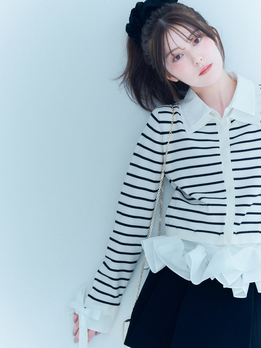 【スナイデル/SNIDEL】のシャツドッキングヘムボリュームニットプルオーバー インテリア・キッズ・メンズ・レディースファッション・服の通販 founy(ファニー) 　ファッション　Fashion　レディースファッション　Fashion for Women　トップス・カットソー　Cut & Sew Tops　ニット　Knit Tops & Sweaters　シャツ・ブラウス・オフィスカジュアル　Elegant Blouses & Button-Ups　カジュアルプルオーバー・ニットトップス　Pullovers & Knit Tops / Casual Pullovers　ウェーブ　Wavy Pattern　オレンジ　Orange　カフス　Cuff Design　カーディガン　Cardigan, Knitwear　今季　This Season, Current Season　ストレート　Straight, Straight Cut　スマート　Smart, Elegant　デコルテ　Décolleté, Neckline　トレンド　Trend, Trending Now　ドッキング　Docking, Mixed Material　バランス　Balance, Style Balance　ボトム　Bottoms, Lower Wear　ボーダー　Border, Stripe　無地　Plain, Solid Color　ラッフル　Ruffle, Frill　リボン　Ribbon, Bow　おすすめ　Recommended / Our Picks　BORDER[933]|ID: prp329100004846588 ipo3291000000035896835