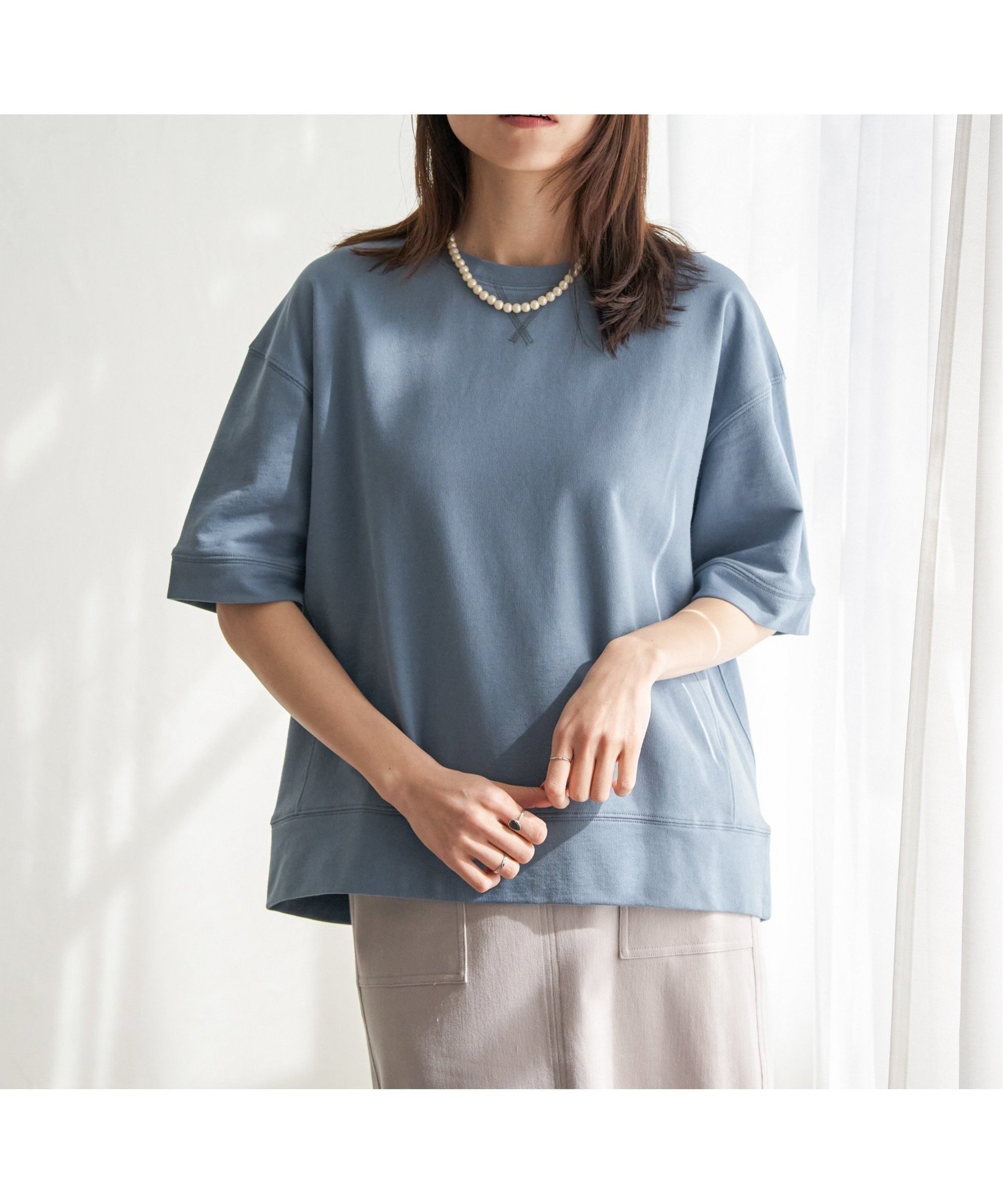 【イッカ/ikka】のコットンUSAミニ裏毛半袖Tシャツ インテリア・キッズ・メンズ・レディースファッション・服の通販 founy(ファニー) 　ファッション　Fashion　レディースファッション　Fashion for Women　トップス・カットソー　Cut & Sew Tops　シャツ・ブラウス・オフィスカジュアル　Elegant Blouses & Button-Ups　ロングTシャツ・Tシャツ　Longline T-Shirts & Tees　カットソー　Cut and Sewn Top　シンプル　Simple, Minimal　スウェット / スエット　Sweatshirt, Sweatwear　スリット　Slit, Slit Detail　ボックス　Boxy, Box Shape　ラウンド　Round, Round Neck　半袖　Short Sleeve, Half Sleeve　無地　Plain, Solid Color　ブルー|ID: prp329100004848155 ipo3291000000035812527