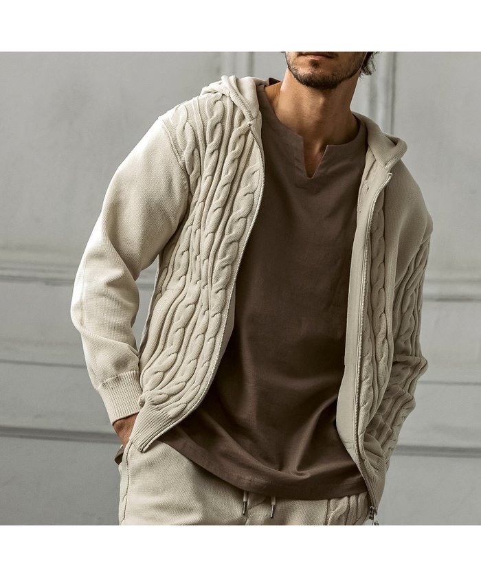 【シフォン/SHIFFON / MEN】のAKM Contemporary サイドケーブルニットパーカー インテリア・キッズ・メンズ・レディースファッション・服の通販 founy(ファニー) https://founy.com/ ファッション Fashion メンズファッション Fashion for Men セットアップ Set-Up, Coordinated Outfit バランス Balance, Style Balance パターン Pattern, Design Print フロント Front, Front Design リアル Real, Realistic リラックス Relax, Relaxed Fit |ID: prp329100004848793 ipo3291000000035455781