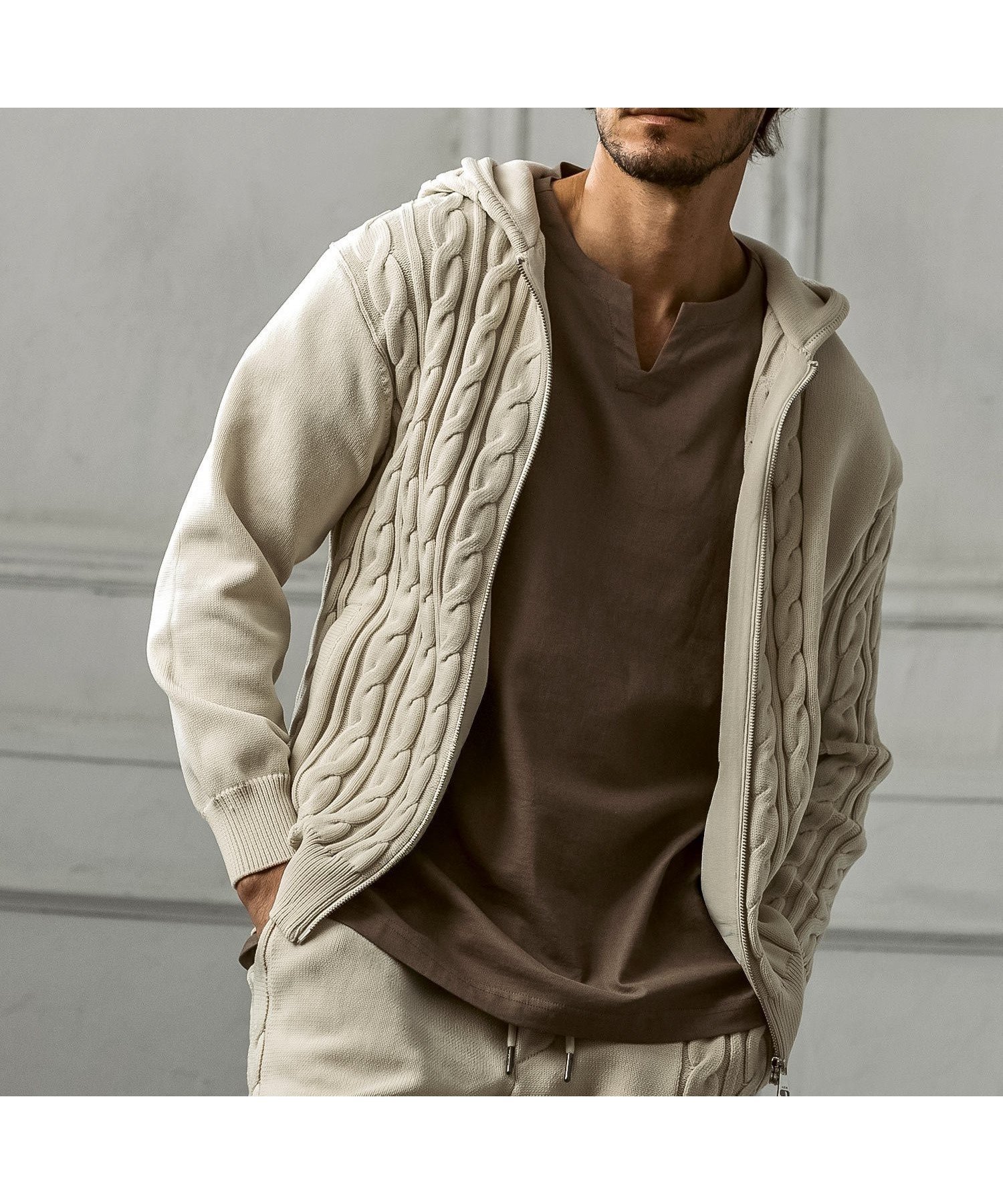 【シフォン/SHIFFON / MEN】のAKM Contemporary サイドケーブルニットパーカー インテリア・キッズ・メンズ・レディースファッション・服の通販 founy(ファニー) 　ファッション　Fashion　メンズファッション　Fashion for Men　セットアップ　Set-Up, Coordinated Outfit　バランス　Balance, Style Balance　パターン　Pattern, Design Print　フロント　Front, Front Design　リアル　Real, Realistic　リラックス　Relax, Relaxed Fit　white|ID: prp329100004848793 ipo3291000000035455784
