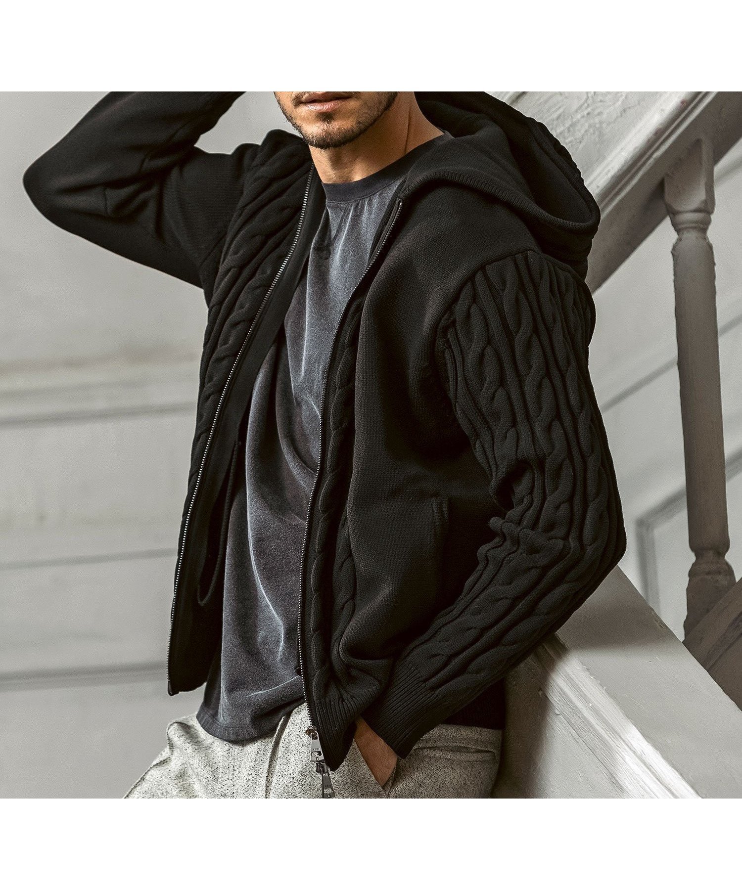 【シフォン/SHIFFON / MEN】のAKM Contemporary サイドケーブルニットパーカー インテリア・キッズ・メンズ・レディースファッション・服の通販 founy(ファニー) 　ファッション　Fashion　メンズファッション　Fashion for Men　セットアップ　Set-Up, Coordinated Outfit　バランス　Balance, Style Balance　パターン　Pattern, Design Print　フロント　Front, Front Design　リアル　Real, Realistic　リラックス　Relax, Relaxed Fit　black|ID: prp329100004848793 ipo3291000000035455793