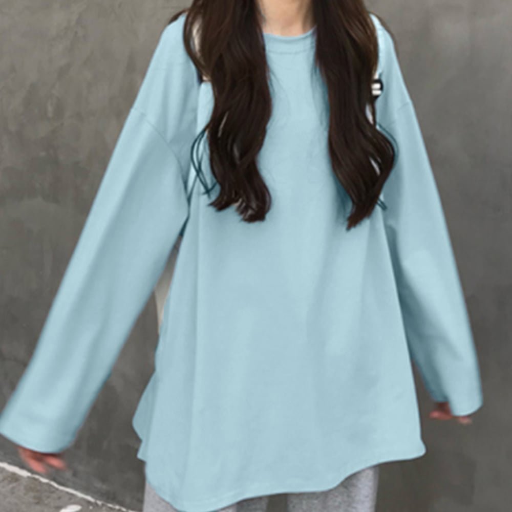 【ミニミニストア/miniministore】のゆったり 着やせ 長袖プルオーバー 無地 インテリア・キッズ・メンズ・レディースファッション・服の通販 founy(ファニー) 　ファッション　Fashion　レディースファッション　Fashion for Women　トップス・カットソー　Cut & Sew Tops　カジュアルプルオーバー・ニットトップス　Pullovers & Knit Tops / Casual Pullovers　オレンジ　Orange　カットソー　Cut and Sewn Top　ガウチョパンツ　Gaucho Pants, Culottes　デニム　Denim, Jeans Material　リラックス　Relax, Relaxed Fit　ルーズ　Loose, Oversized　ロング　Long, Long-Length　定番　Standard, Basic Item　無地　Plain, Solid Color　長袖　Long Sleeve, Full Sleeve　薄ブルー|ID: prp329100004850168 ipo3291000000036296732