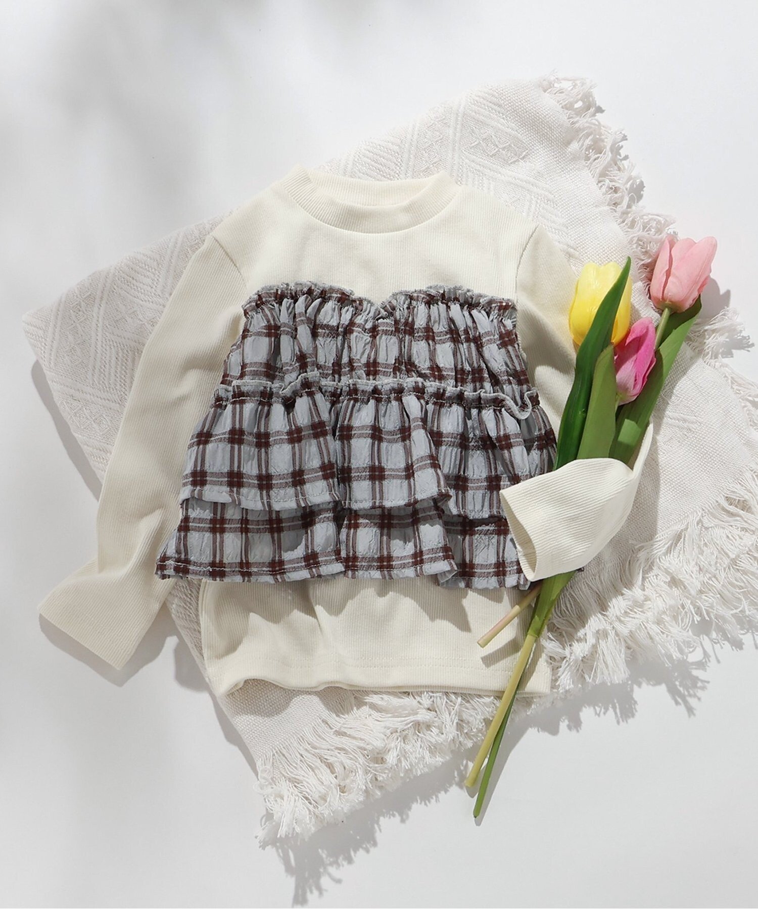 【エフオー オンラインストア/F.O.Online Store / KIDS】のWEB限定 シアーチェックドッキングトップス インテリア・キッズ・メンズ・レディースファッション・服の通販 founy(ファニー) 　ファッション　Fashion　キッズファッション　Fashion for Kids　トップス・カットソー　Cut & Sew Tops　長袖　Long Sleeve, Full Sleeve　アイボリー|ID: prp329100004850797 ipo3291000000035561794