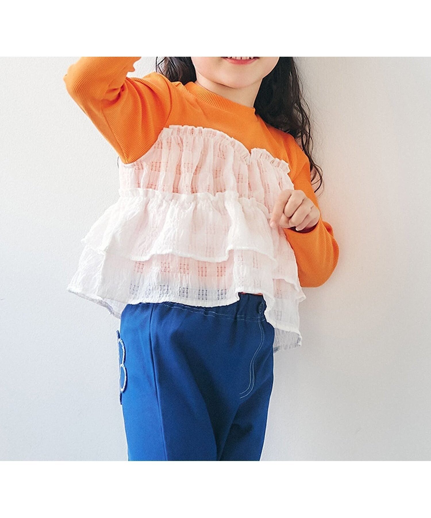 【エフオー オンラインストア/F.O.Online Store / KIDS】のWEB限定 シアーチェックドッキングトップス インテリア・キッズ・メンズ・レディースファッション・服の通販 founy(ファニー) 　ファッション　Fashion　キッズファッション　Fashion for Kids　トップス・カットソー　Cut & Sew Tops　長袖　Long Sleeve, Full Sleeve　オレンジ|ID: prp329100004850797 ipo3291000000035561799