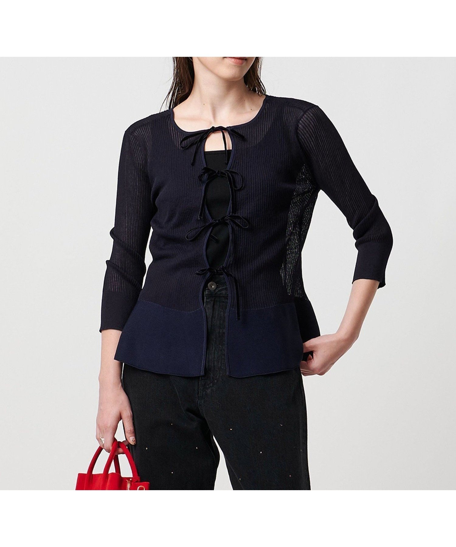 【ユナイテッドアローズ/UNITED ARROWS】のシアー リボン 2WAYカーディガン ウォッシャブル インテリア・キッズ・メンズ・レディースファッション・服の通販 founy(ファニー) 　ファッション　Fashion　レディースファッション　Fashion for Women　トップス・カットソー　Cut & Sew Tops　カーディガン・羽織り　Layered Style Cardigans　ウォッシャブル　Machine Washable　カーディガン　Cardigan, Knitwear　シアー　Sheer, See-Through　ストレート　Straight, Straight Cut　タイトスカート　Pencil Skirt, Tight Skirt　ベスト　Vest, Waistcoat　ベルベット　Velvet, Velvety　ペプラム　Peplum, Flared Hem　リボン　Ribbon, Bow　おすすめ　Recommended / Our Picks　NAVY|ID: prp329100004851655 ipo3291000000035600218