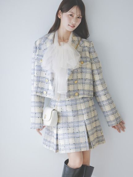 【スナイデル/SNIDEL】のバリエツイードスカート インテリア・キッズ・メンズ・レディースファッション・服の通販 founy(ファニー) 　ファッション　Fashion　レディースファッション　Fashion for Women　スカート　Skirts　イエロー　Yellow　ウェーブ　Wavy Pattern　春　Spring　ジャケット　Jacket, Outerwear　スマート　Smart, Elegant　チェック　Check, Plaid, Tartan　ツイード　Twill, Twill Weave　プリーツ　Pleats, Pleated　ボックス　Boxy, Box Shape　ワンポイント　One Point, Statement Accent　おすすめ　Recommended / Our Picks　SAX[083]|ID: prp329100004853152 ipo3291000000035648728