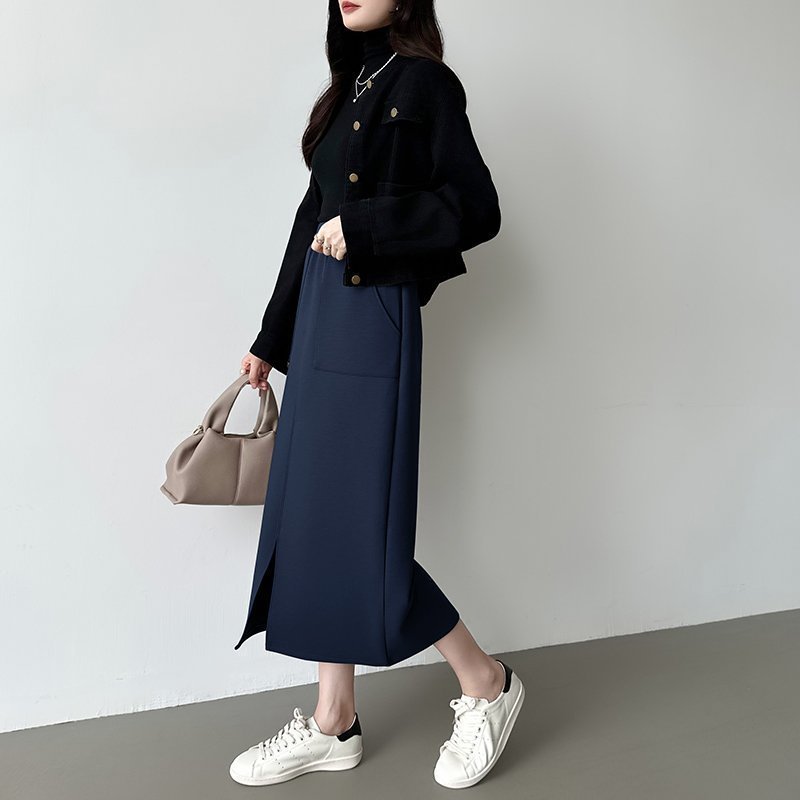 【ココモモ/COCOMOMO】の裏起毛あり/なしタイプ タイト ナロースカート ロング丈 ストレッチ スカート インテリア・キッズ・メンズ・レディースファッション・服の通販 founy(ファニー) 　ファッション　Fashion　レディースファッション　Fashion for Women　スカート　Skirts　シンプル　Simple, Minimal　ストレッチ　Stretch, Stretchy Fabric　ストレート　Straight, Straight Cut　スマホ　Smartphone, Mobile Device　スリット　Slit, Slit Detail　タイトスカート　Pencil Skirt, Tight Skirt　フロント　Front, Front Design　ポケット　Pocket, Pocket Detail　ロング　Long, Long-Length　裏起毛・ネイビー|ID: prp329100004853266 ipo3291000000036258047